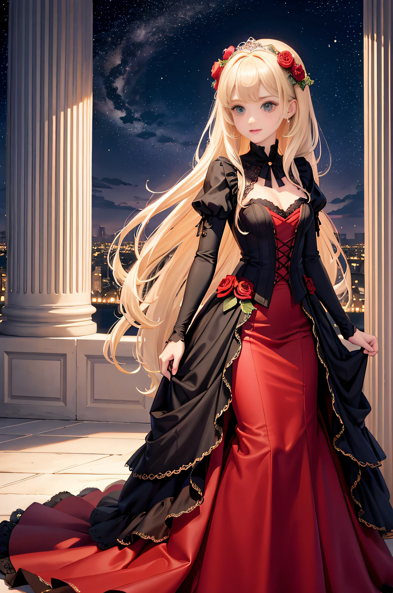 ((​masterpiece)), (top-quality), (detaileds),4K resolution. 1girl in,foco nítido、a blond,Princess Cut,odd eye,Older sister,diet,long,Red Rosa,tiarra,Black Dress,curlyhair,small tit,small tits,Cool,Rose Dress,embroideries,oriental,A sexy,Sareme,milkyway、small nose,narrow nose and small nose,,,,,,,,,,,,,,,,,,,,,,,,,,,,,,,,,,,,,,,,,,,High small nose,small nostrils,see -through,Full body like,oblique,1girl in,Golden hair color,Light hair color,Beige hair color,Rosa,Red Rose,Rosa,Red Rose,Rose Dress,weddingdress,Arm Cover，Adults，adult lady，veils，Kamimei,Red Rose,Rosa，Rosa,Red Rose，Big sister，adult lady，adult lady，adult lady，Mermaid Dresses，Mermaid Dresses，corsets，corsets，corsets，corsets