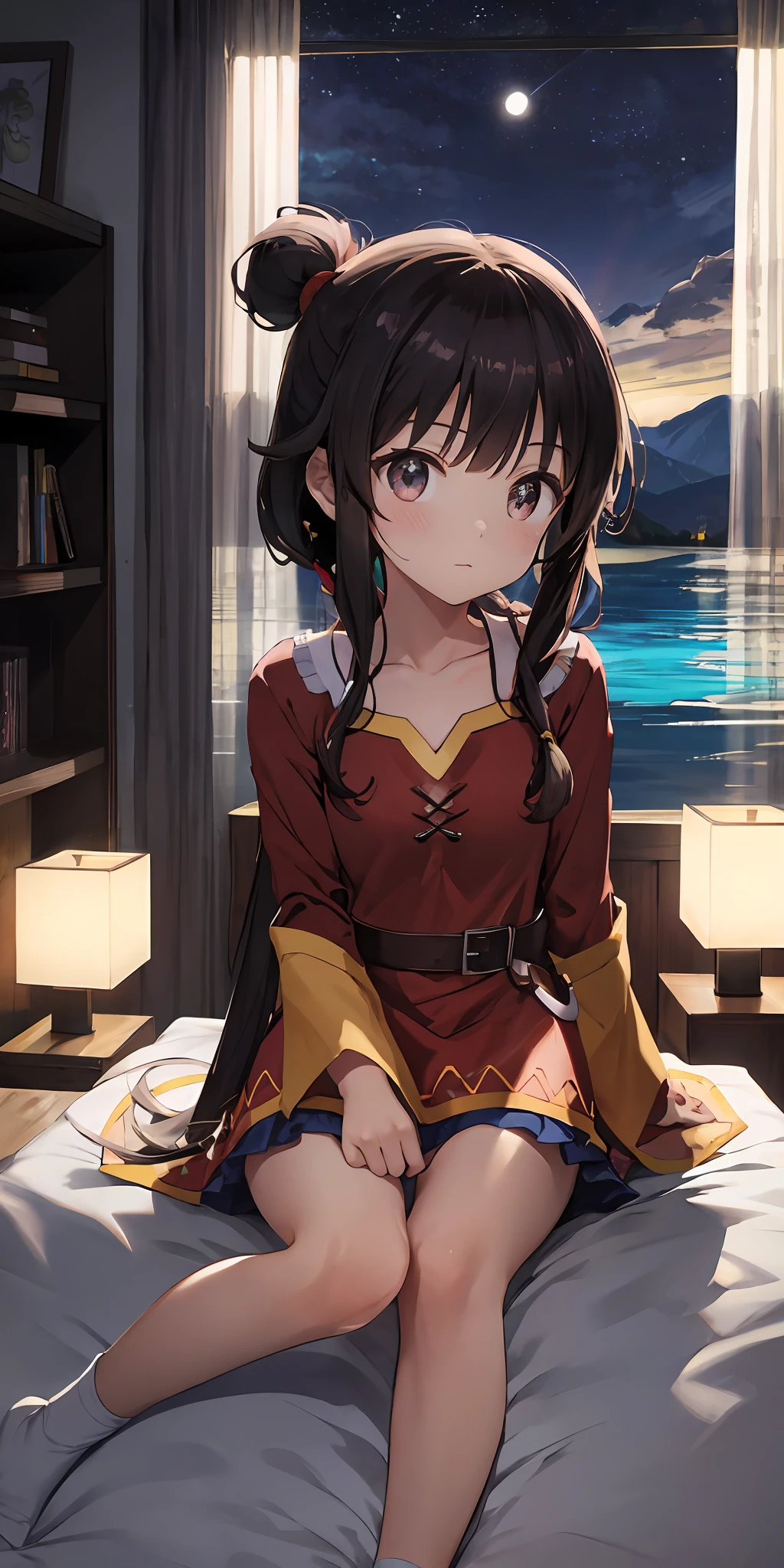 highres, alta qualidade, illustration, cinematiclight, ultra detalhado, rosto detalhado, (olhos detalhados), melhor qualidade, hiper detalhado, obra-prima, (rosto detalhado), 1girl, menina (megumin do anime konosuba), cabelo curto (cor castanho), olhos vermelhos, maximum details, olhos luminosos, medium breaths, sentado na cama, sentado, cama, janela, night  sky, lake outside, lua, lua cheia, retroiluminação, raios de luz, (alto contraste), (colorido),