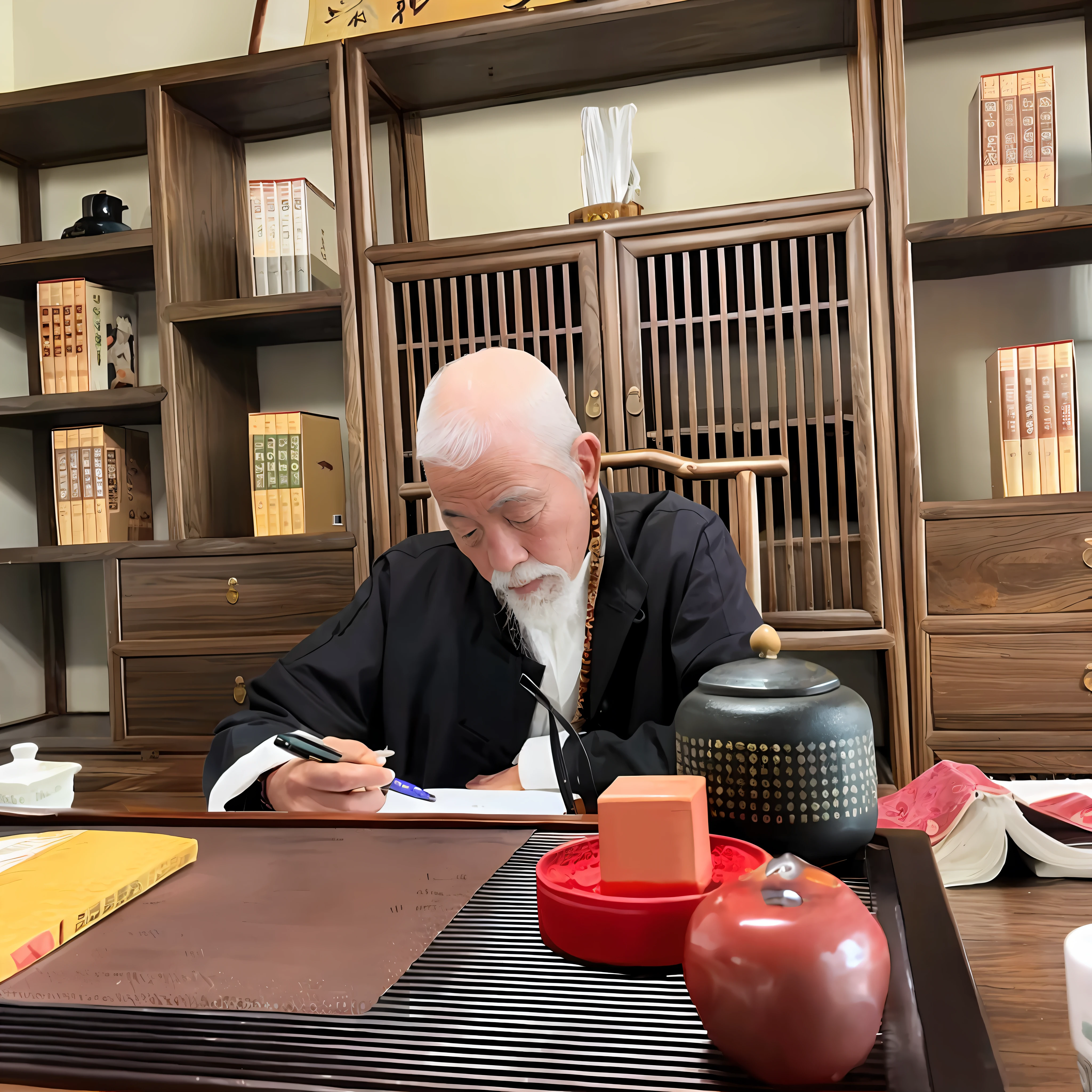 There was a man sitting at a table writing a book, inspired by Sesshū Tōyō, he is about 8 0 years old, riichi ueshiba, Chiba Yuda, inspired by Itō Jakuchū, inspired by Wu Daozi, inspired by Kanō Tanshin