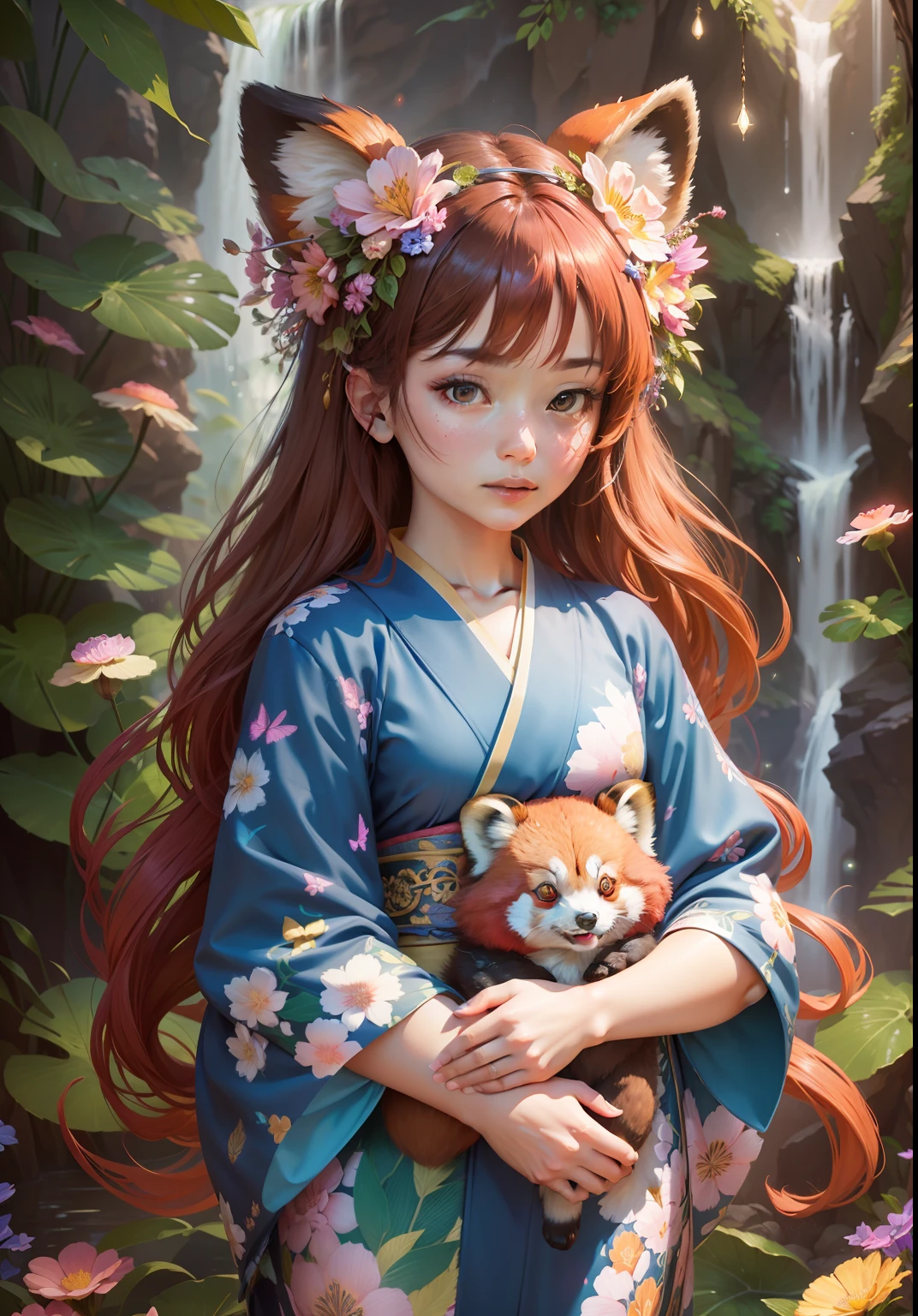 cute girl, kimono covers legs, red panda beautiful eyes wide opened, holding red panda, wearing silk kimono, glowing waterfall night background, ultra detailed artistic photography, long shot, full body, happy 19-year, woman tall garland floating above her head, bioluminescent mushroom multiple composite flowers, dynamic pose, multiple swirling mushroom flower-heads, beautiful flowing flower-head gown dress covering skin, butterflies, tiny starry lights like fireworks, 8k photorealistic sticker, flux, with starry eyes in blue and gold patterns with lilies, head and shoulders portrait, 8k resolution concept art portrait by Greg Rutkowski, Artgerm, WLOP, Alphonse Mucha, Giuseppe Arcimboldo, intricate details, highly detailed;, dynamic lighting hyperdetailed intricately detailed Splash art trending on Artstation triadic colors Unreal Engine 5 volumetric lighting, swirling colors paradise background photoshoot, large yellow and pink Hawaiian flowers, brightly colored, more yellow, sparkly. --auto
