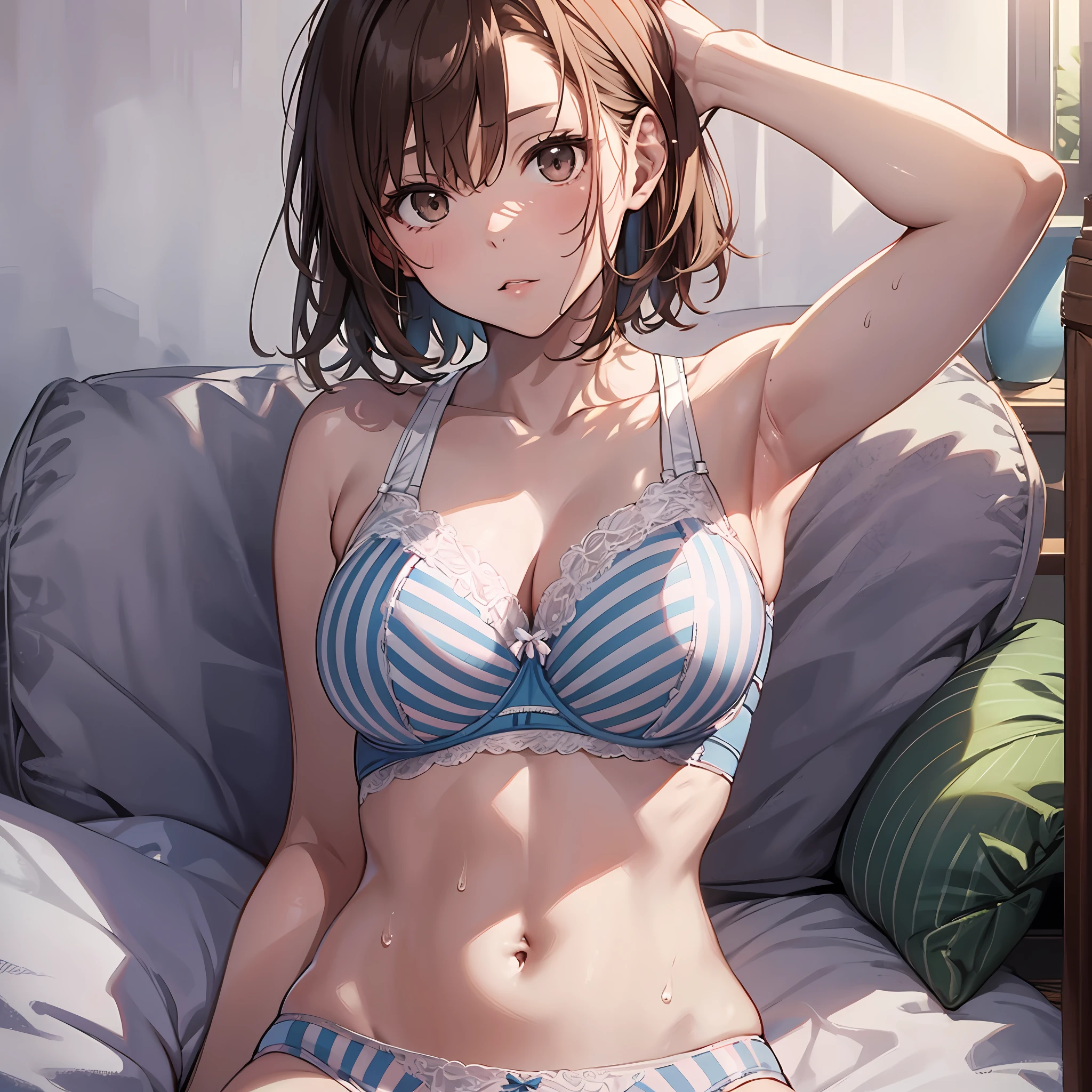 NSFW ４ｋqulity, top-quality, Misaka_mikoto, Brown-eyed, Short_hair, subminiature_Breast,）Slender on a hotel bed　　１６age　sexypose　Bewitching　BREAK White Bra for heavy sweat、Pink Bra、Blue Bra、Green Bra、Greybra、Light grey bra、 striped bra、Polka dot bra、Plaid bra、Cute Bra、Kids Bra、Sportsbra、camisole、cotton panties