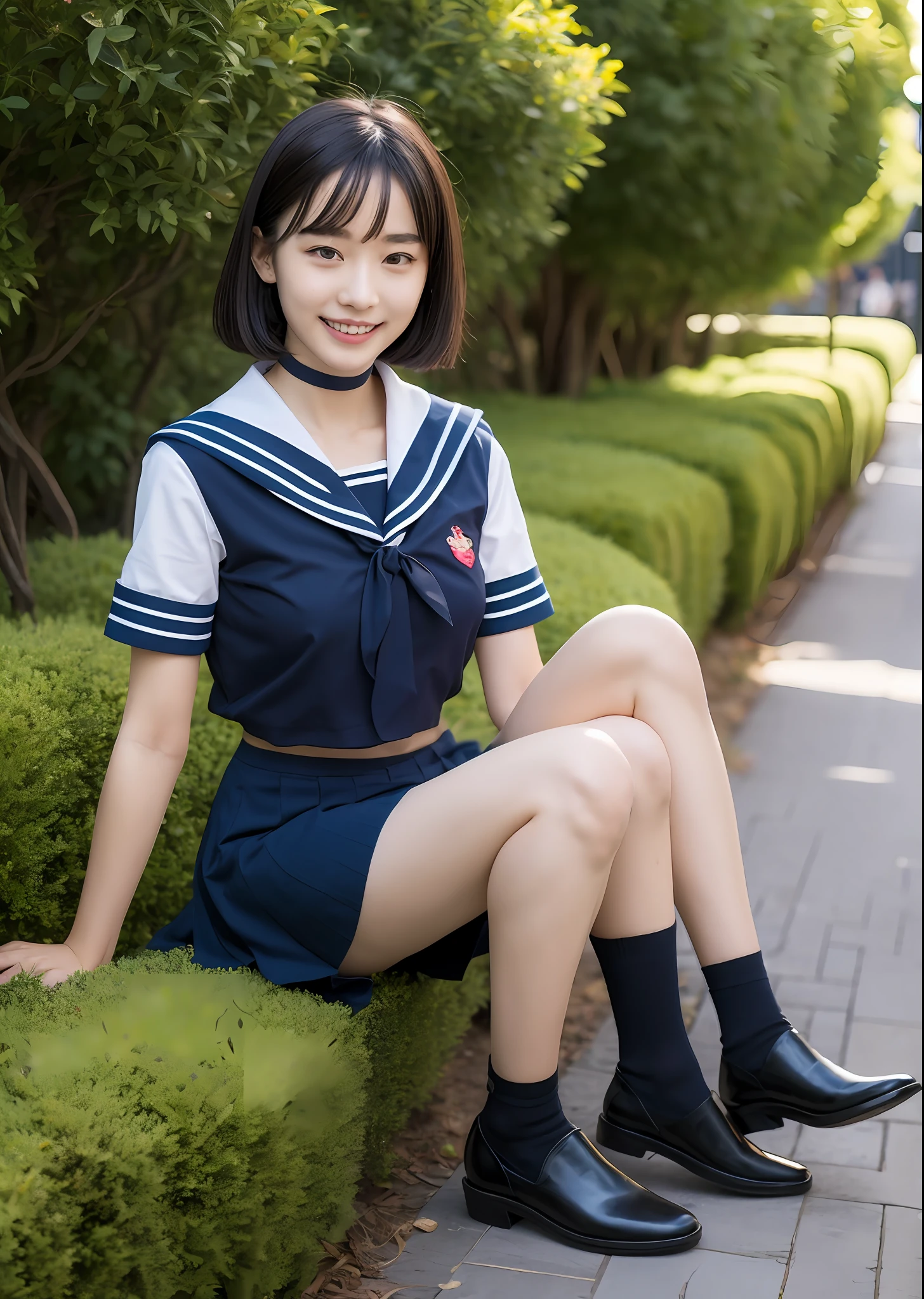 1girl in, bangss, Black_Choker, Black_hair, Blue_sailor_Collar, Blue_Skirt, bush, a choker, 鎖骨, tag, 耳Nipple Ring, florals, jewely, s lips, up looking_で_viewer, plein air, a plant, pleats_Skirt, potted plant_plant, Wagas, sailor_Collar, School_uniform, serafuku, The shirt, Short_hair, Short_sleeves, sitting on, skirt by the, A smile, 独奏, a park