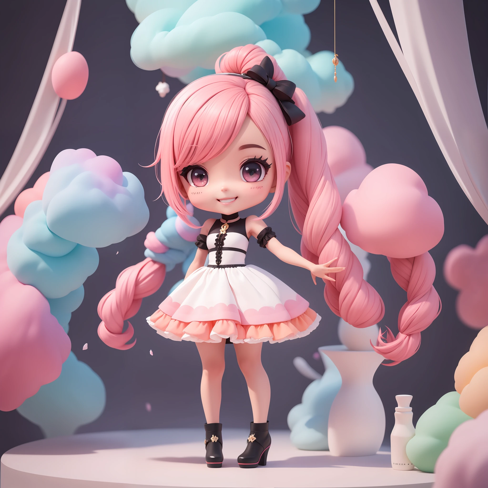 Garota negra,bonita,chibi,sorrindo,cotton candy,vestido de baile luxuoso,cabelo longo cacheado,cabelo roxo,olhos rubi,fundo bonito,sapato preto;corpo inteiro,rosto detalhado,8k,qualidade maxima