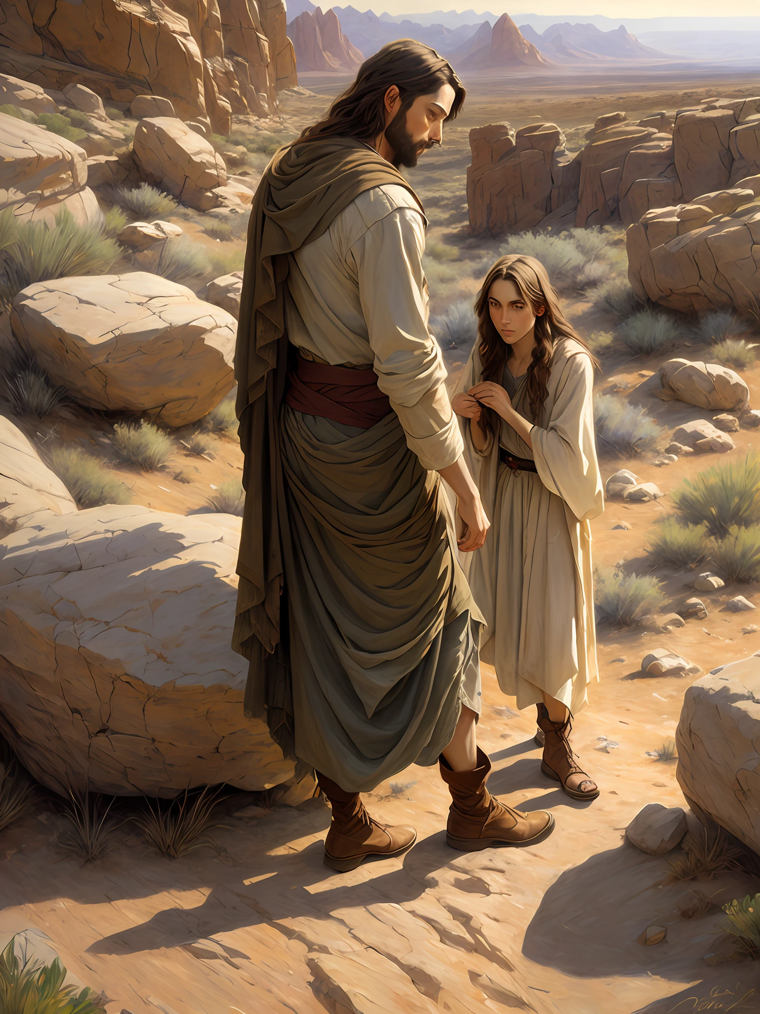 Daniel Gerhartz's "Jesus' Temptation in the Wilderness" (2019), a realistic painting depicting Jesus in the desert, amid rocks and sand.