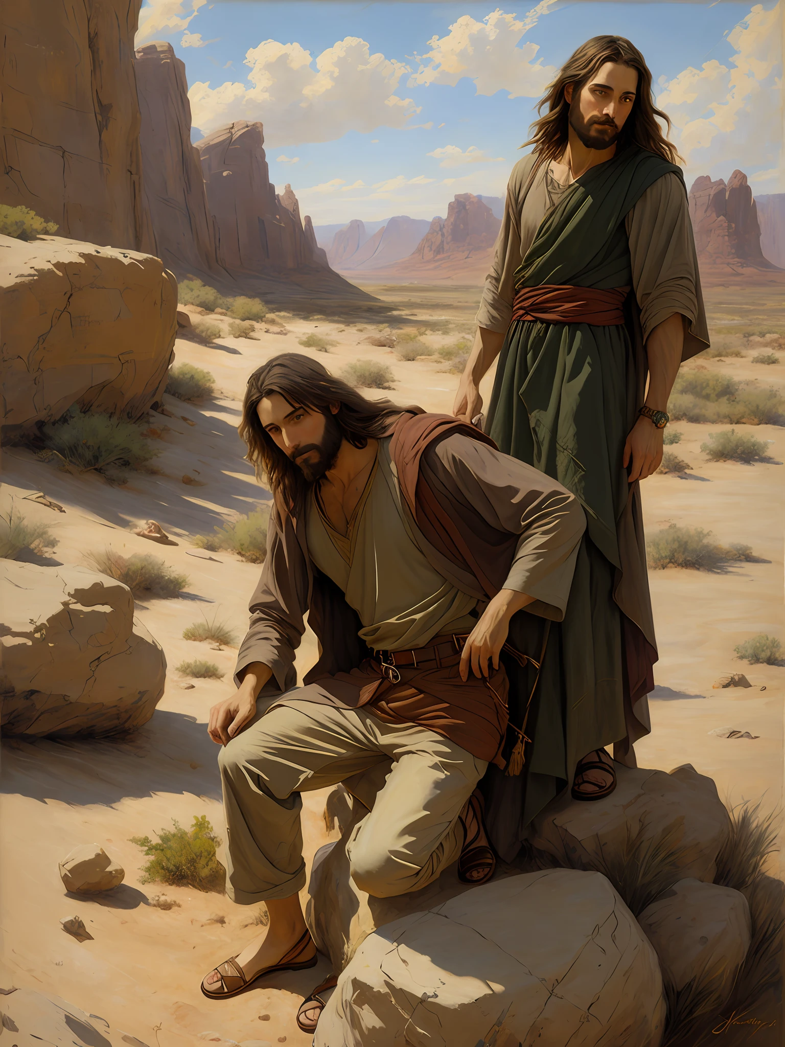 Daniel Gerhartz's "Jesus' Temptation in the Wilderness" (2019), a realistic painting depicting Jesus in the desert, amid rocks and sand.