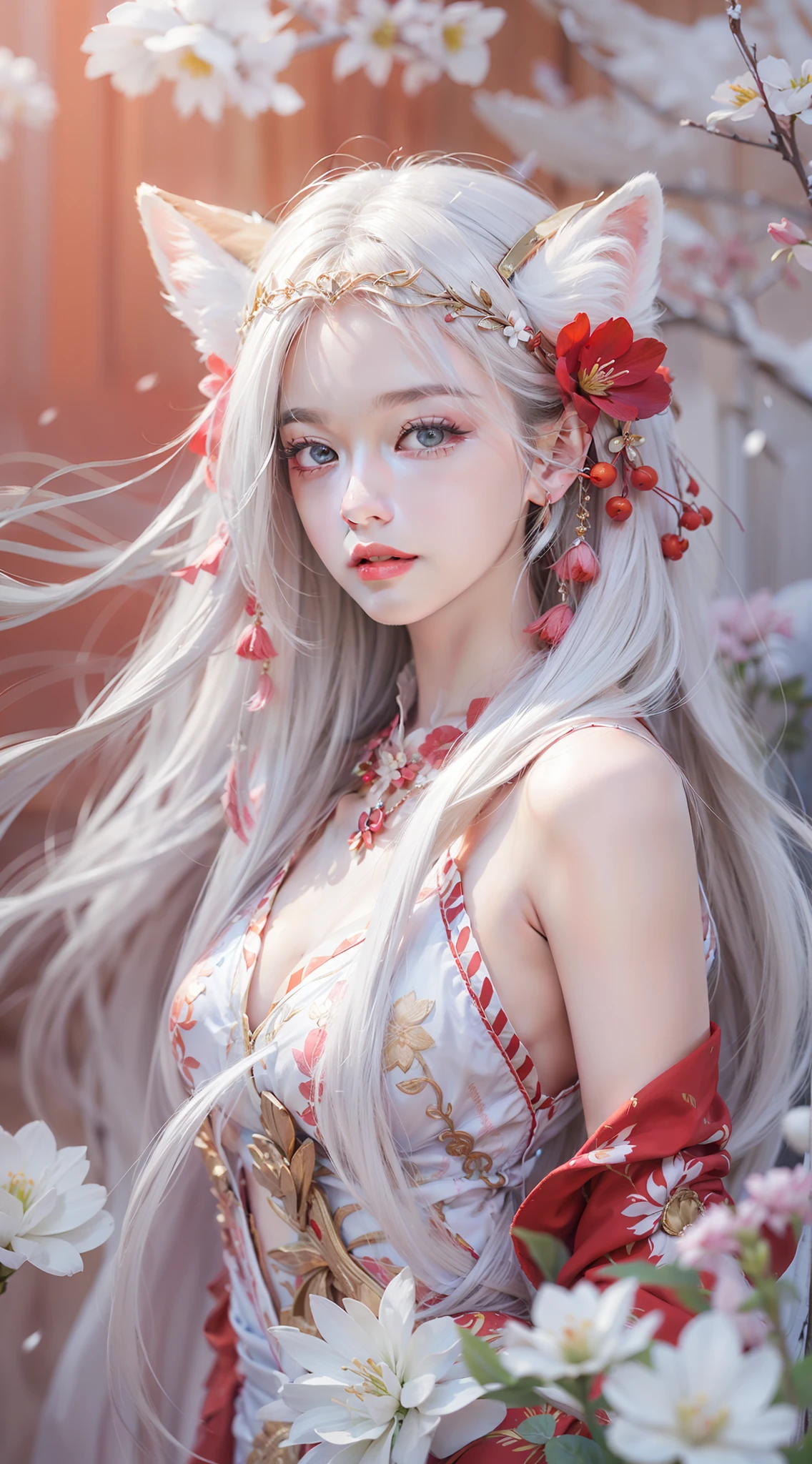 A beautiful maiden,with long straight hair,White fox ear tail,Seductive eyes,full bodyesbian,dancing posture,White and red,webcam photography,Flowing costumes,Dreamy and hazy beauty,snowflower,Realistic impressions,soothing tones,pastel colour