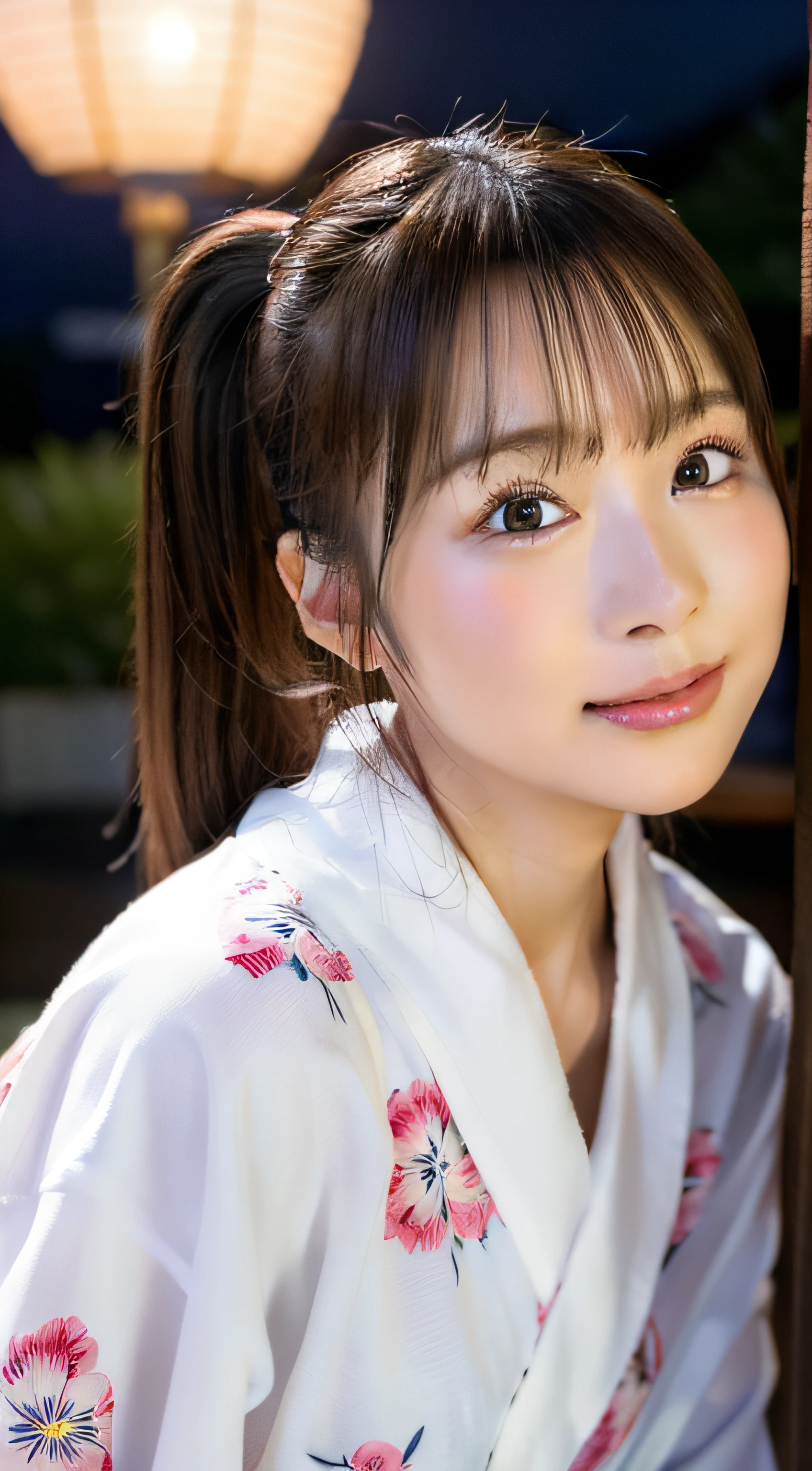 8K、RAW Photography、top-quality、finely detail、(((Beautiful One Girl)))、extremely detailed eye and face、skyrocket、bathrobe、Looking up at the fireworks、poneyTail、Big tear bag、Double eyelids、natta、outside of house、Summer Festivals、Wistful expression、Cute yukata、Yukata with morning glory pattern