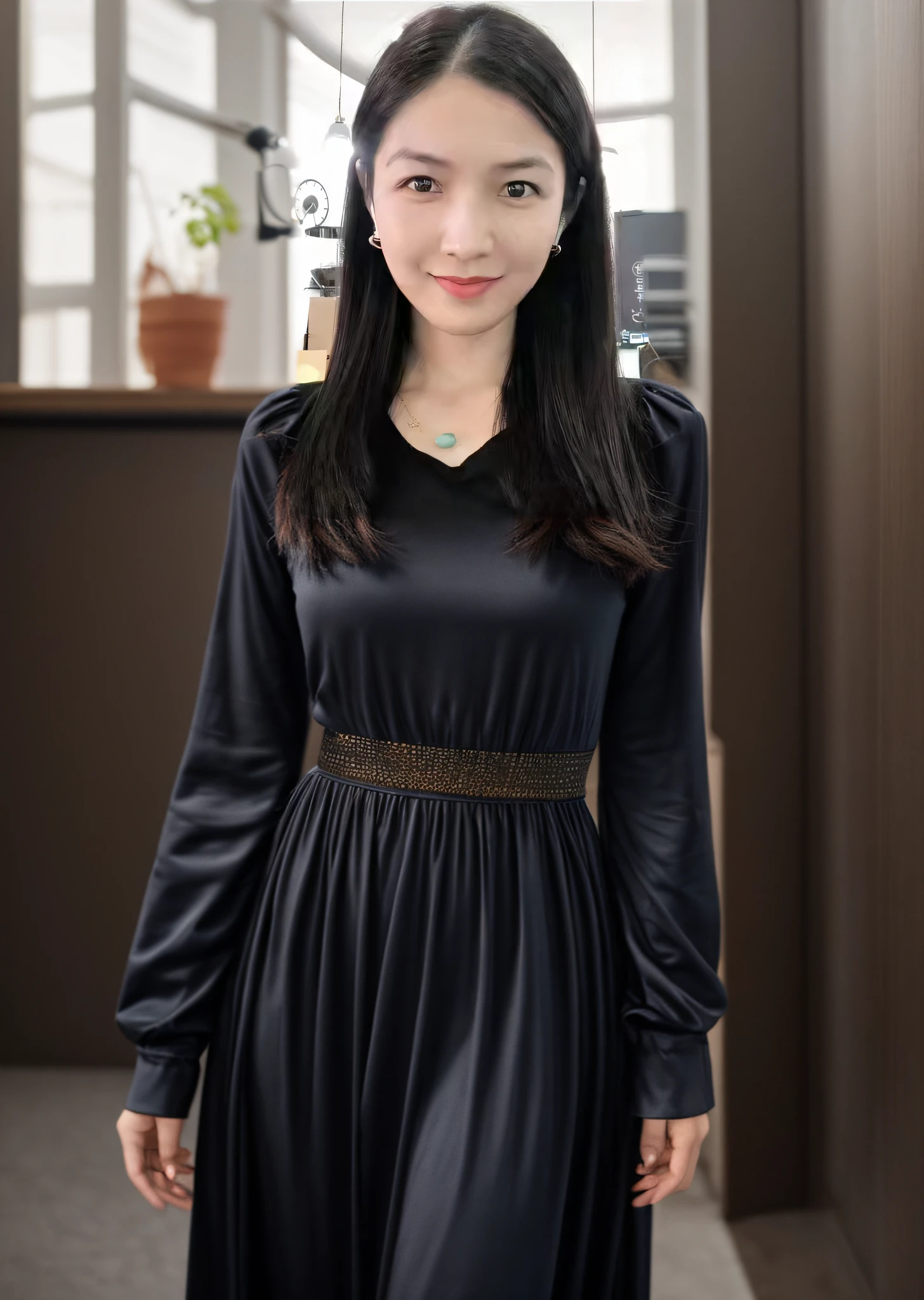 Asian female figure, wide shoulders, elegant pose,
Silky black Designer maxi dress with long sleeves, upscale dresses, flowy dresses, wraps full-body,
(fat, fat waist:0.4), small breasts,
(arms behind back:1.2), walking, relaxed, office room,
Contour light, soft light on front, realistic, realistic photo, RAW photo, sharp photo, 8k, POV waist, upperbody shot,