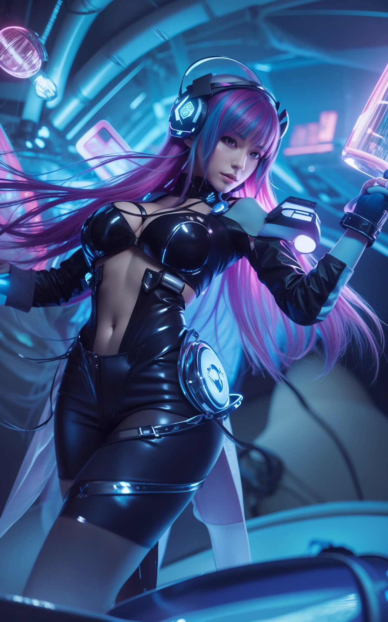((Best Quality, 4K, Masterpiece: 1.3)), (Detailed: 1.4), a woman in a futuristic outfit holding a glowing light, kda, style league of legends, oppai cyberpunk, cyberpunk girl, cyberpunk outfit, a woman with cyberpunk outfit and headphone, natural smile, beauty smile, Big Breast, Huge Breast, Big Butt, Nice thigh, 4K, HD, Ultra Realistic, extremely detailed