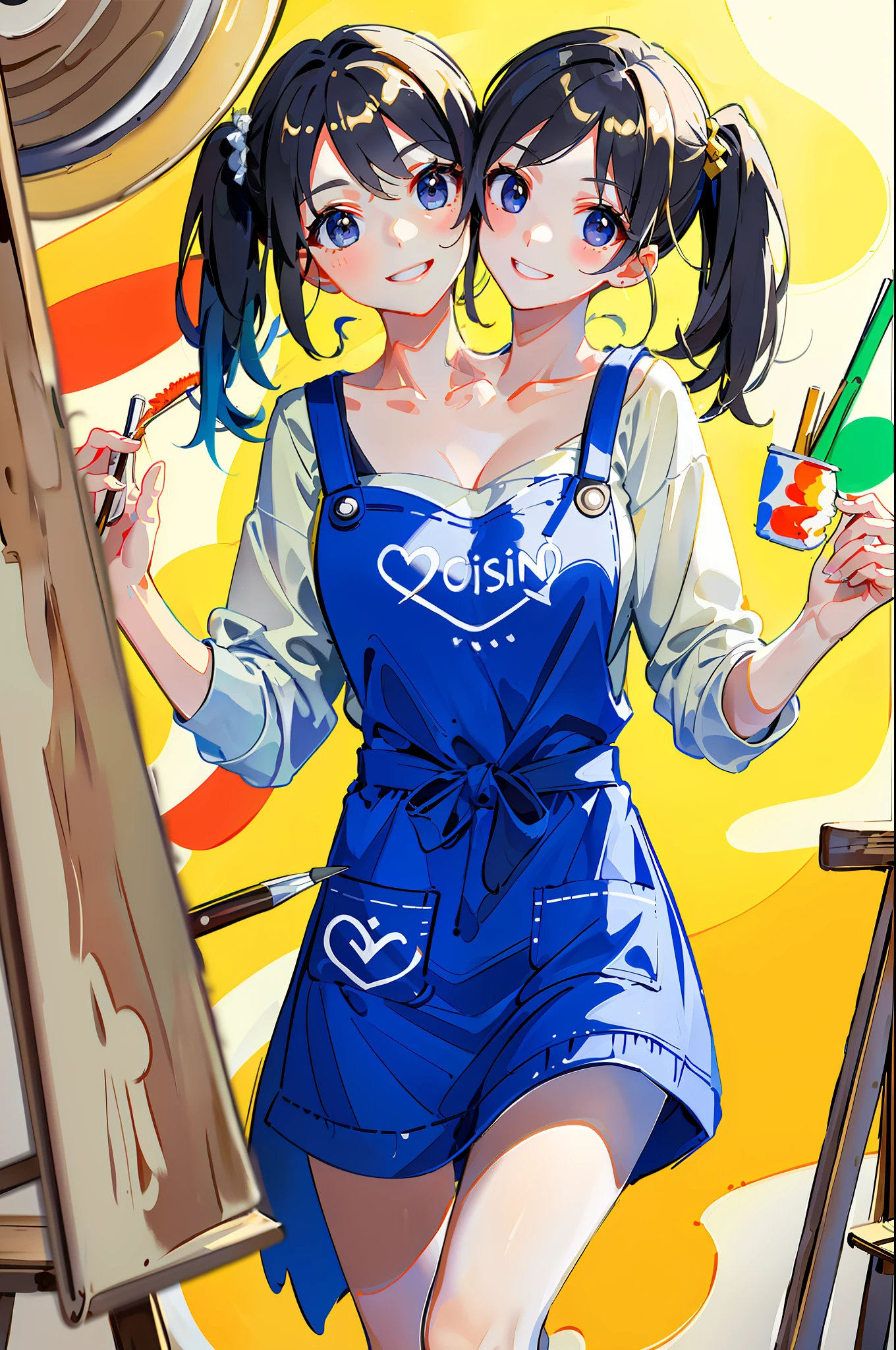 (masterpiece, best quality), best resolution, (2heads:1.5), 1girl, smiling, happy, painting a picture, casual clothes, painting apron, messy art studio