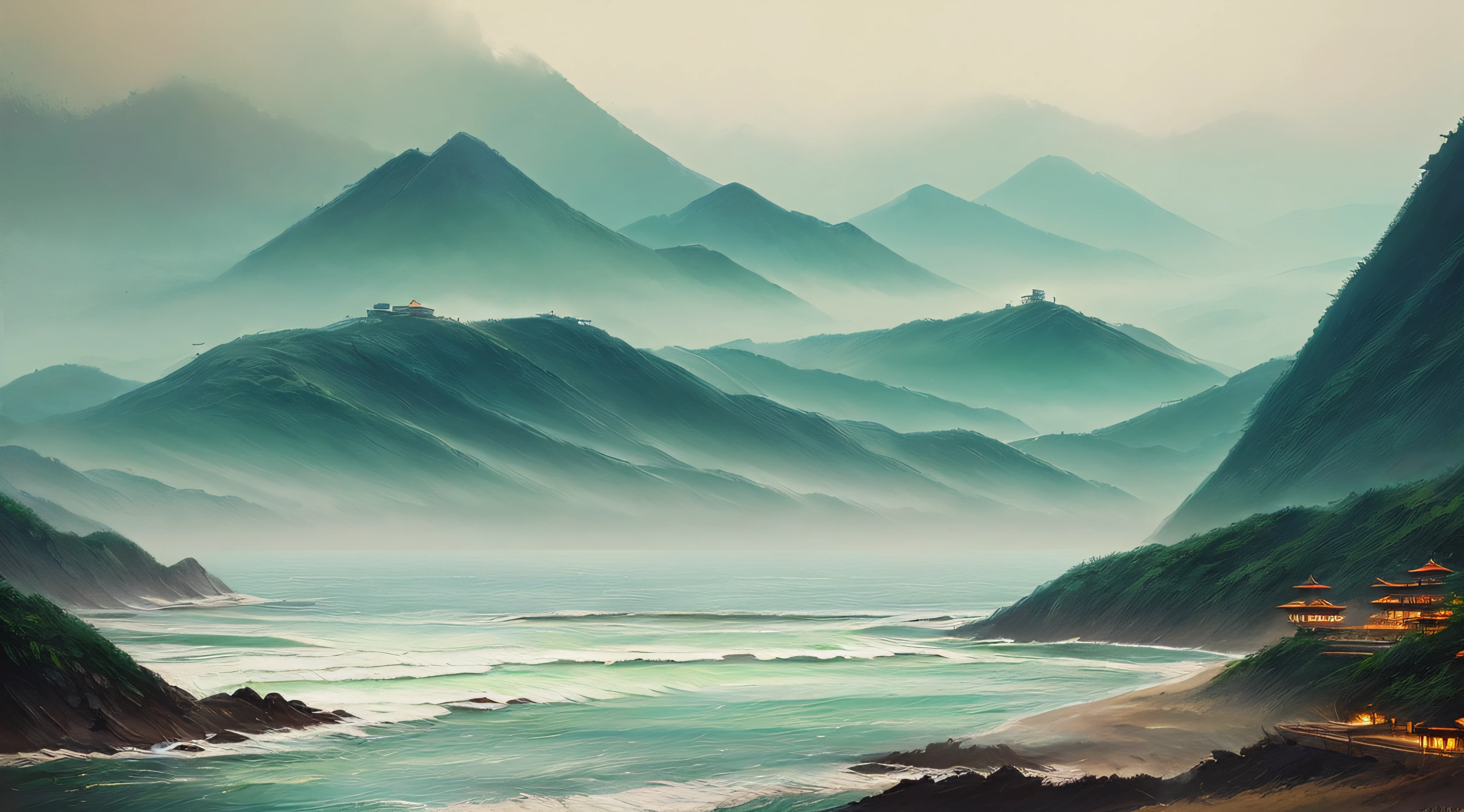 High detail RAW color art,China-style,Ink and ink style,smoke and rain hazy,((Horizontal composition)),the mountains and the sea,((beachside)),((Rolling mountains)),((the sea)),intricately details, Fine details, ultra - detailed, Ray traching, trending on artstationh, trending on CGSociety, Intricate, High detail, Sharp focus, Dramatic, photorealistic painting art by midjourney and greg rutkowski, Bokeh on the background