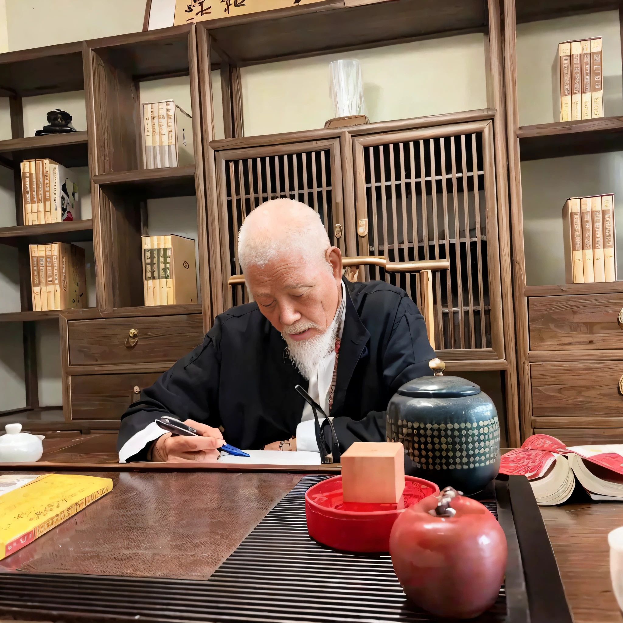 There was a man sitting at a table writing a book, inspired by Sesshū Tōyō, he is about 8 0 years old, riichi ueshiba, Chiba Yuda, inspired by Itō Jakuchū, inspired by Wu Daozi, inspired by Kanō Tanshin