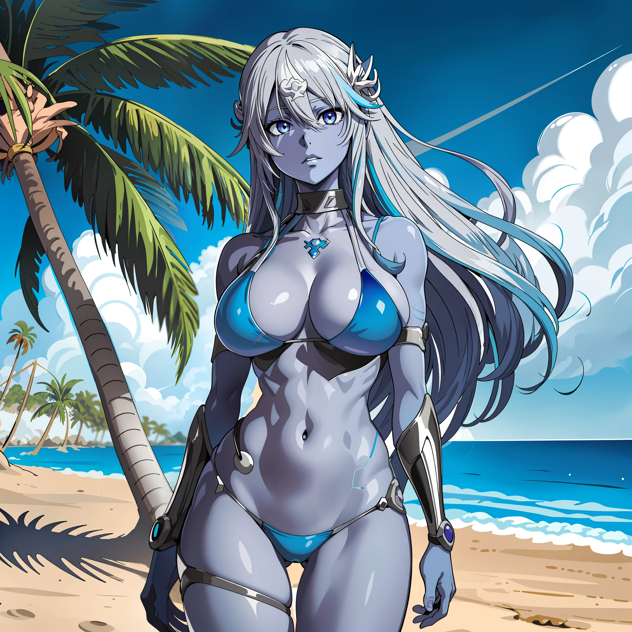 (Animated). Female character, Woman (((Jenova))) the calamity of the heavens, ((((blue colored skin)))), ((((whole body blue color skin)))), long white hair, ((bright and shiny purple eyes)), ((silver bikini)), ((on the beach next to a palm tree)), sunny day. (Masterpiece: 1.8), 64k quality, (Drawing (anime (manga (comic books)))): 1.8, final fantasy artwork concept, detailed manga eyes, detailed hair, detailed clothes, detailed body, sharper drawings, pronounced detailed face, shiny objects like jewelry, see the creases on the clothes, more consistent clothes, more rounded eyes, globular transparent liquid eyes, more colors, more consistent clothes , correct clothing features, better eye line, better shoulders, really colorful, coarser line, black line, finishing. (coarser stroke: 1.8) (black stroke: 1.8) (color: 1.8) (clean: 1.8) (color contrast: 1.8) (black outline: 1.8) (adjusted color contrast: 1.8) (shadow play: 1.8) (manga eyes: 1.8) (medium breasts small) (beautiful body) (muscle): 1.5 ) (rendering homogeneous: 1. 3)