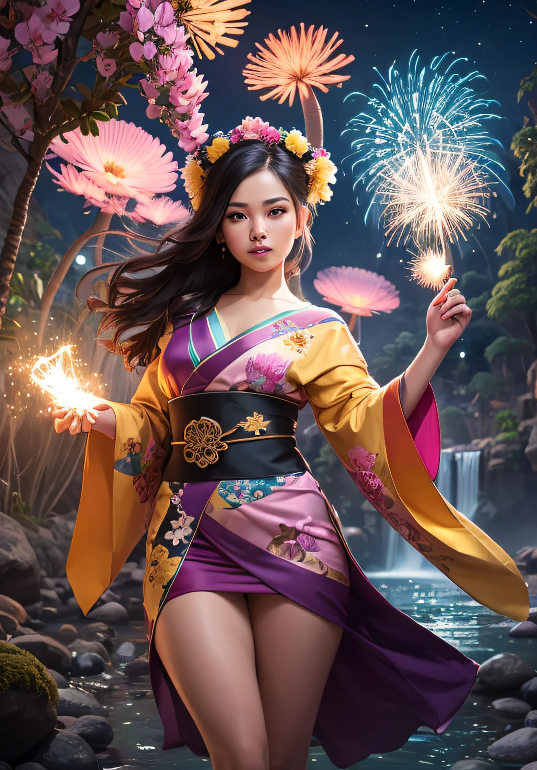 cute girl, kimono covers legs, red panda beautiful eyes wide opened, holding red panda, wearing silk kimono, glowing waterfall night background, ultra detailed artistic photography, long shot, full body, happy 19-year, woman tall garland floating above her head, bioluminescent mushroom multiple composite flowers, dynamic pose, multiple swirling mushroom flower-heads, beautiful flowing flower-head gown dress covering skin, butterflies, tiny starry lights like fireworks, 8k photorealistic sticker, flux, with starry eyes in blue and gold patterns with lilies, head and shoulders portrait, 8k resolution concept art portrait by Greg Rutkowski, Artgerm, WLOP, Alphonse Mucha, Giuseppe Arcimboldo, intricate details, highly detailed;, dynamic lighting hyperdetailed intricately detailed Splash art trending on Artstation triadic colors Unreal Engine 5 volumetric lighting, swirling colors paradise background photoshoot, large yellow and pink Hawaiian flowers, brightly colored, more yellow, sparkly. --auto