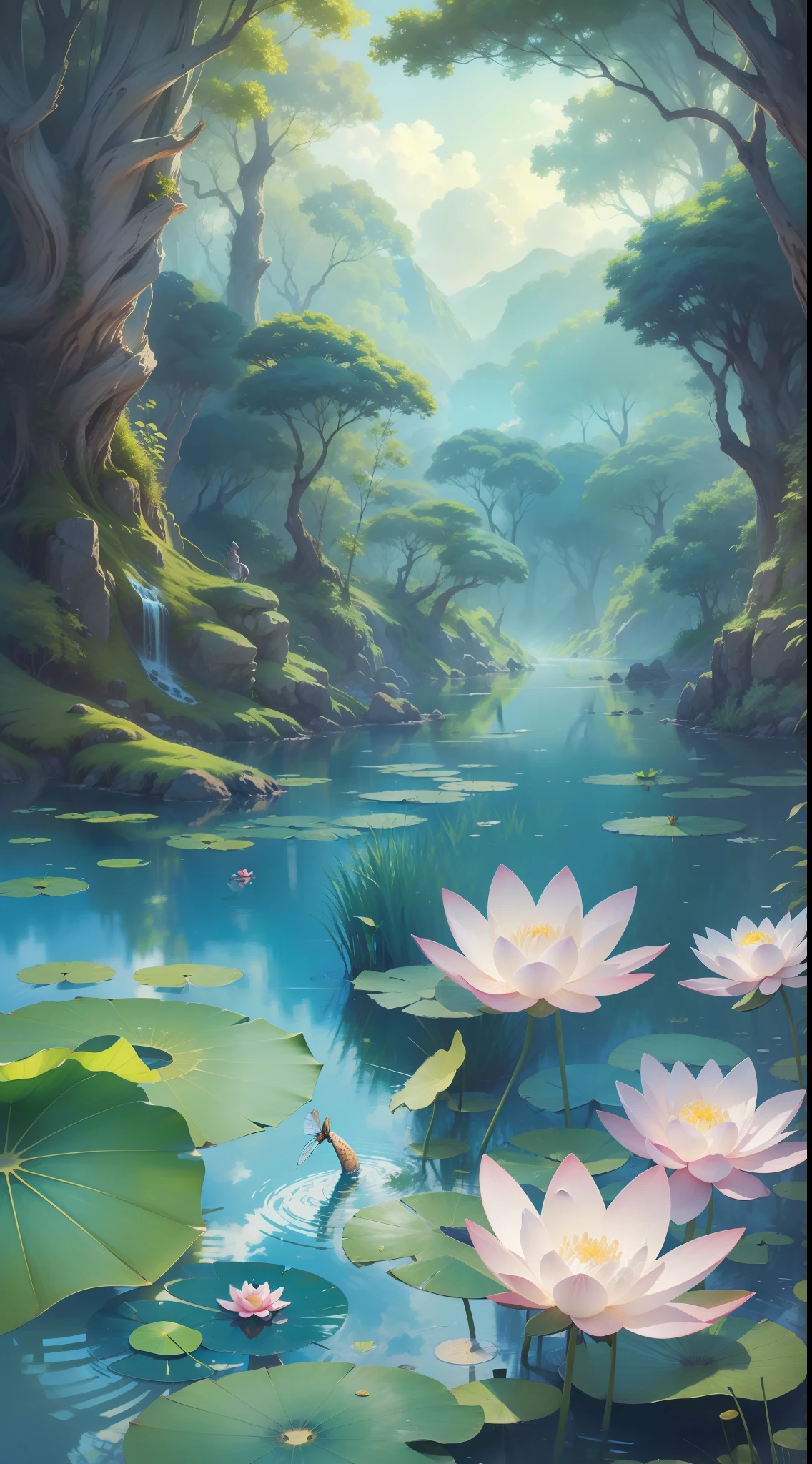 The foreground is a waterhole,There is a lotus leaf in the waterhole,A secret place in the primeval forest,with blue sky and white clouds,dragonfly,in style of ghibli,2-dimensional,illustration,Nature views,ventania,夏天,Bright tones,Tyndall Light
