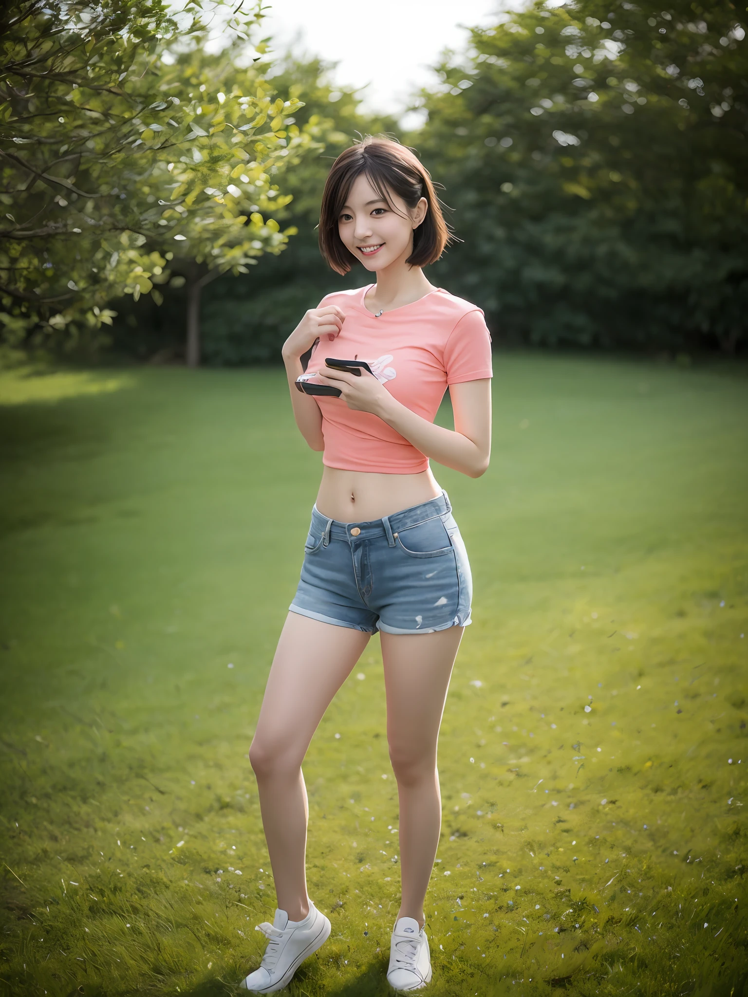 （超高分辨率，RAW photogr，realisticlying，tmasterpiece，best qualtiy：1.4），Complicated details，3个女孩，3 20 year old Korean girl，wears（Belly button exposed blue T-shirt）and skinny jeans，Stand on the grass and take pictures，hugs，Intimate relationships，Detailed meadow，A sweet smile on a small face，Ultra-realistic facial details，The face and skin are pink and white, and luminous，Playful and coquettish pose，The calves are straight and slender:1.2，Wear high-end brand sneakers:1.0，eventide：0.3，Broad lighting，naturalshadow：1.0，超高分辨率，taken from behind，Shows slim waist and hips，taking a full body photo:1.8 --auto