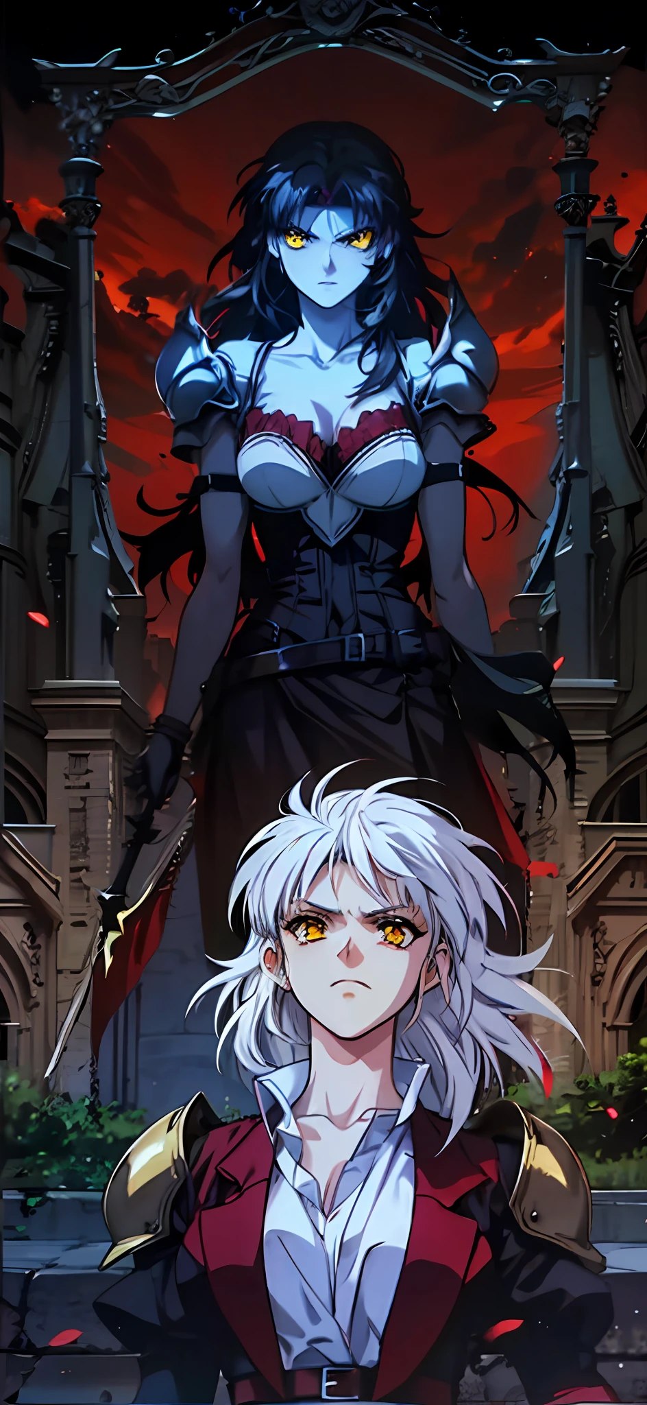 Black knight, castle at night, Gothic Realistic ,4k, brown skin, straight white hair, yellow eyes