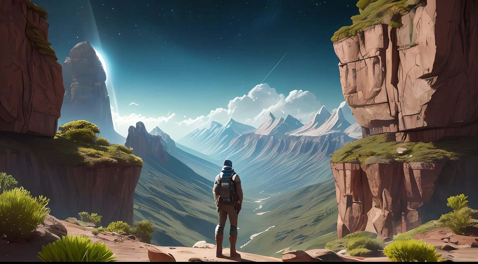 : Um personagem masculino de Starfield, with physical characteristics of an intergalactic explorer. Ele possui cabelos ruivos e sardas no rosto, conveying an adventurous appearance. Veste uma jaqueta de couro desgastada, with a scarf around the neck, e botas resistentes para caminhadas em planetas desconhecidos. It's in an alien landscape with rocky mountains and exotic plants, in a pose of admiration and discovery, Pintura digital, Surreal artistic style, --AR 16:9 --V 5