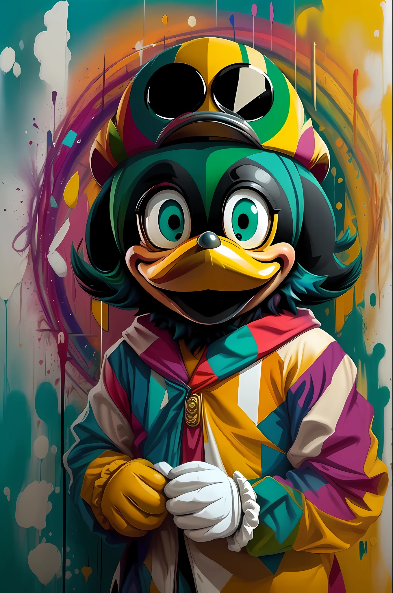 (Character Zé Carioca - Creator: Walt Disney Bird),  stylized identical to 1942 |)), acolchoamento ,multidimensional geometric wall PORTRAIT, arte, Chibi, Yang016K, lindo,(( Predominant  coloration ,verde,amarelo, branco)) Primary works, qualidade superior, melhor qualidade, Arte Oficial, Beautiful and Aesthetic,), Eduardo Kobra acolchoamento ,multidimensional geometric wall PORTRAIT, arte, Chibo,detalhes