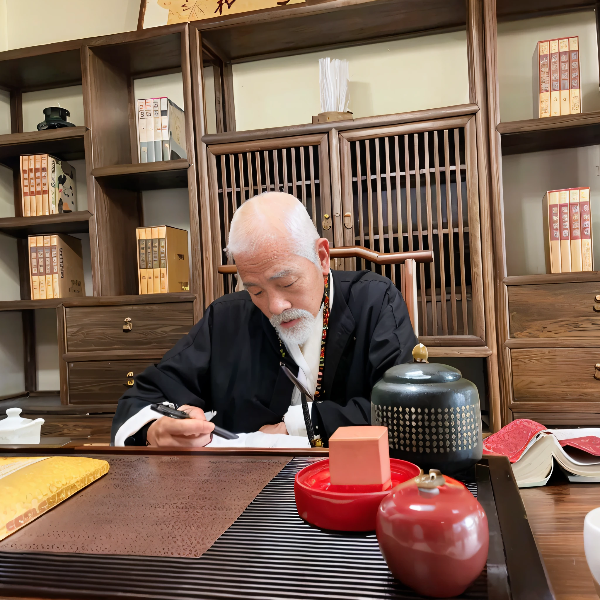 There was a man sitting at a table writing a book, inspired by Sesshū Tōyō, he is about 8 0 years old, 4K realism, There is a charm Ichi Ueshiba, Chiba Yuda, inspired by Itō Jakuchū, inspired by Wu Daozi, inspired by Kanō Tanshin