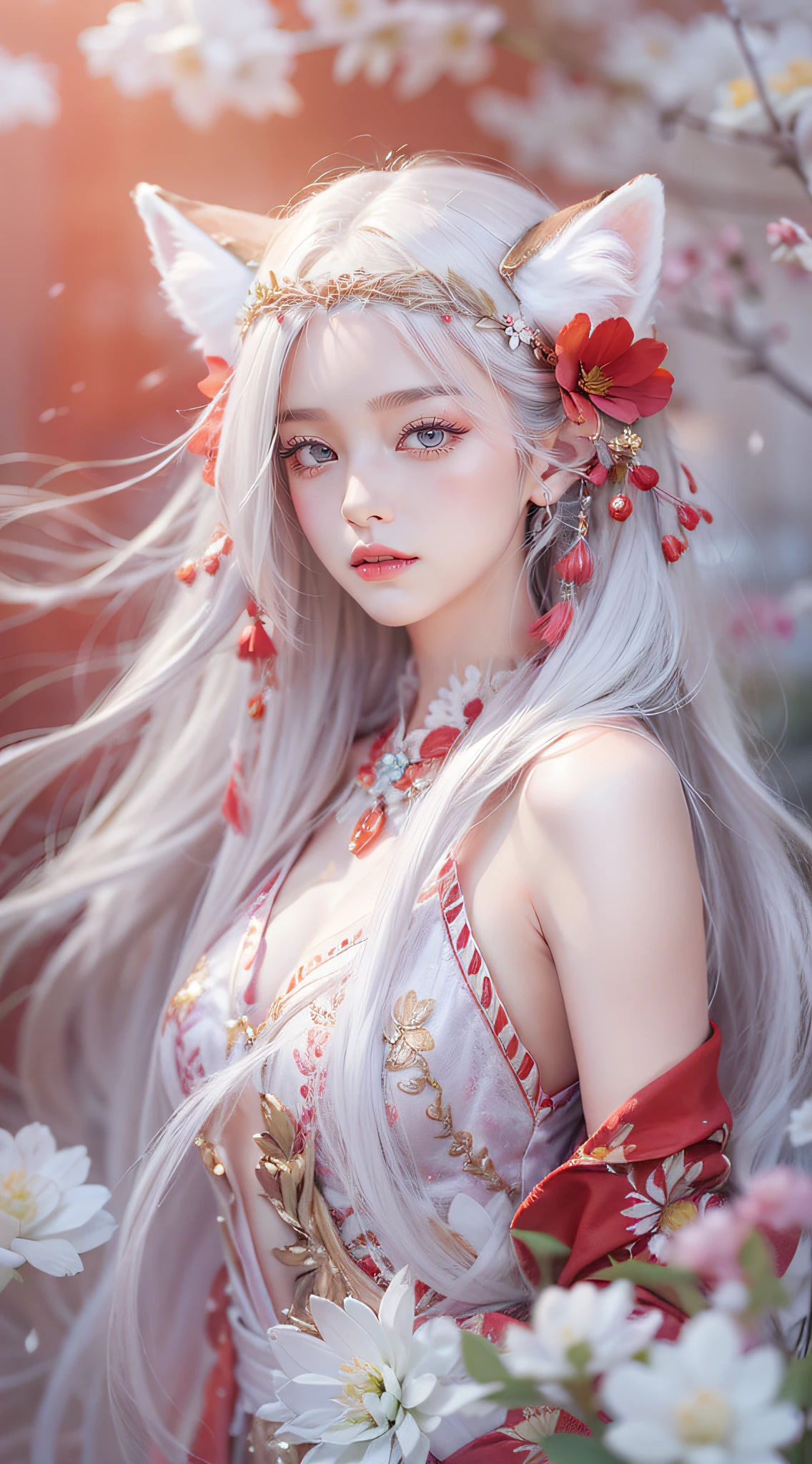 A beautiful maiden,with long straight hair,White fox ear tail,Seductive eyes,full bodyesbian,dancing posture,White and red,webcam photography,Flowing costumes,Dreamy and hazy beauty,snowflower,Realistic impressions,soothing tones,pastel colour