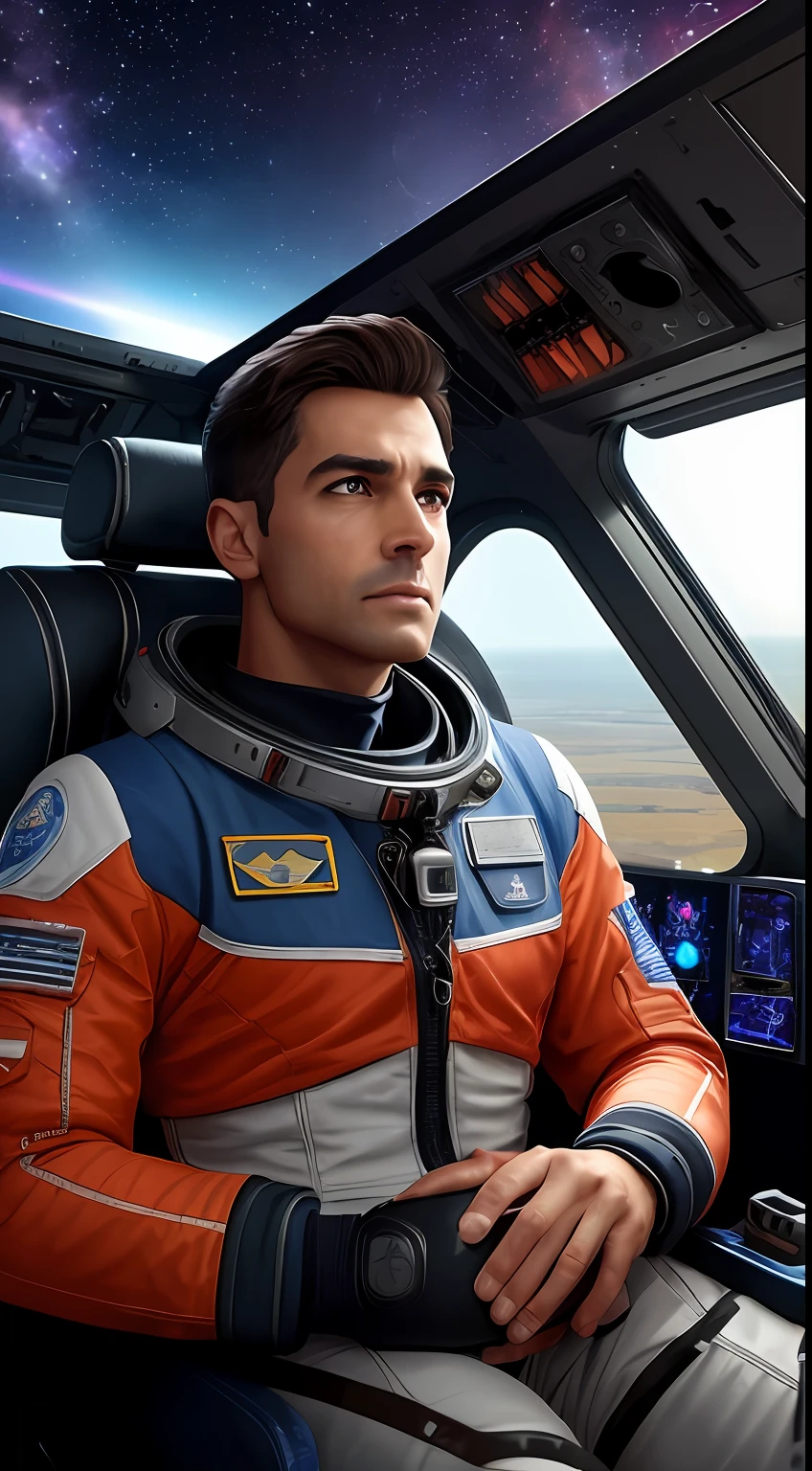 Um personagem masculino de Starfield, with the physical characteristics of an experienced space pilot. Ele tem cabelos grisalhos e olhos cansados, mas com um brilho de sabedoria. Veste um uniforme de piloto elegante e funcional, com distintivos de honra em seu peito. It's inside the cockpit of an advanced spacecraft, com o painel de controle iluminado, in a pose of leadership and command, Fotografia digital, efeito de luzes neon, --ar 16:9 --v 5