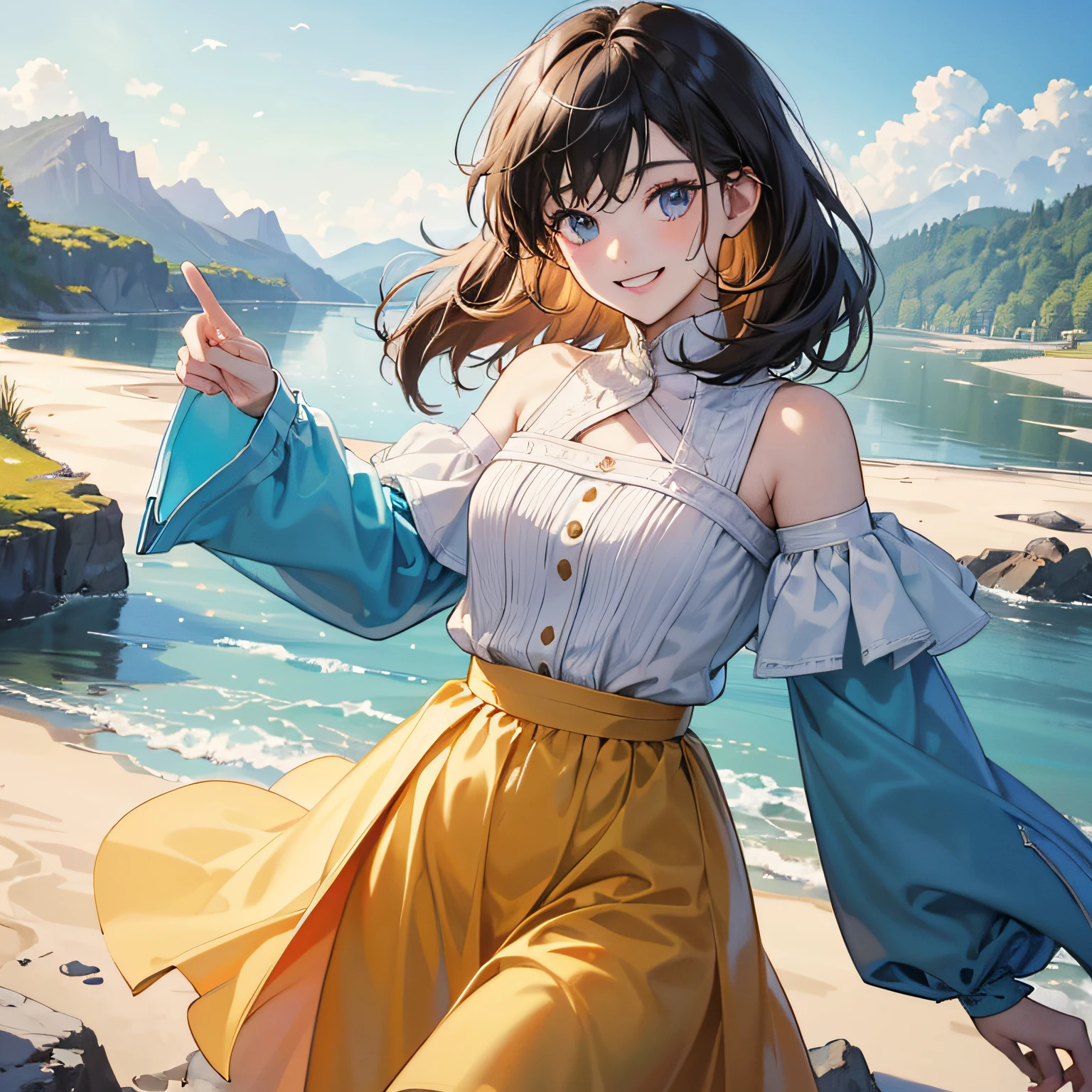 (in 8K、top-quality、masterpiece:1.2)、1人の女性、(Smiling smile:1.1)、beautidful eyes、Valley、The upper part of the body、shorth hair、Like a boy 、Quirk hair --auto