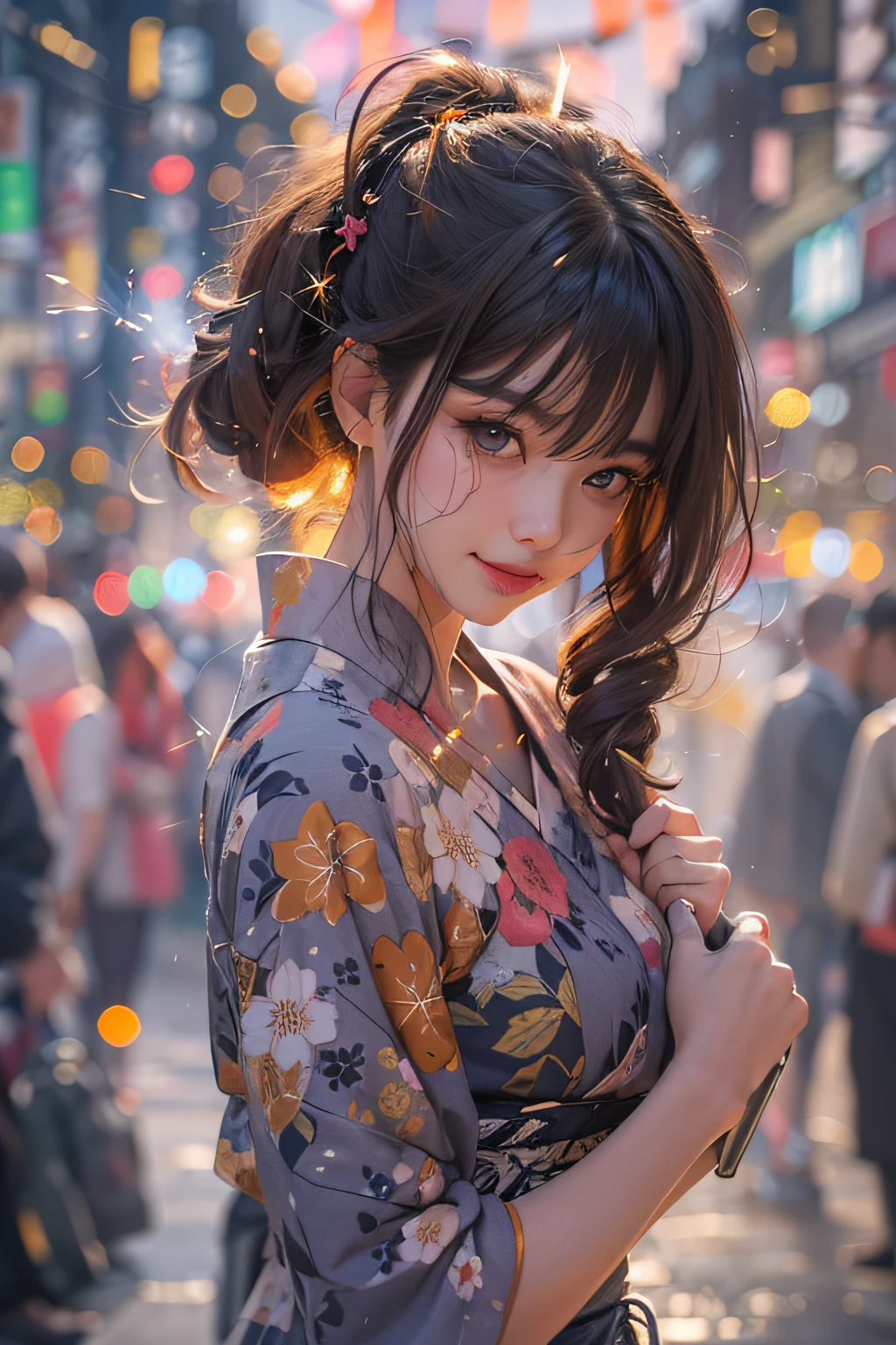 1girl in, surrealism, Cubist Futurism, pop-art, Verism, Motion Blur, spark of light, depth of fields, Backlighting, nffsw, Anatomically correct, Textured skin, awardwinning, 8K, masutepiece,1 girl in、独奏、A detailed face、(Beautiful see-through yukata)、delicate patterns、beautiful neck、A smile、no-bra、Cowboy Shot、sparklers、the complex background、Night Downtown、natta、(ighly detailed:1.2)、sparklers:1.3、Night fun、Happiness、Bright atmosphere、spark of light、discharge、Laser beam、A detailed face、