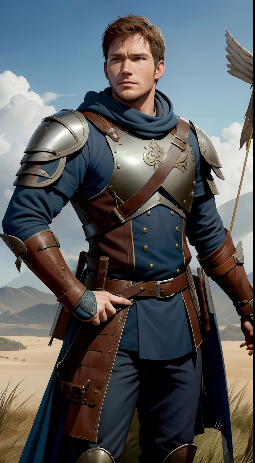 Um guerreiro valente de Temeria, Estilo medieval, with the striking physical characteristics of Chris Pratt, possui cabelos castanhos curtos e um sorriso cativante. Ele veste uma ((armadura resistente de couro azul)), showing your strength and courage. Is on a battlefield after a victory, com a bandeira de temeria ao fundo, em uma pose de triunfo erguendo seu elmo, pintura, Watercolor techniques, --AR 16:9 --V 5