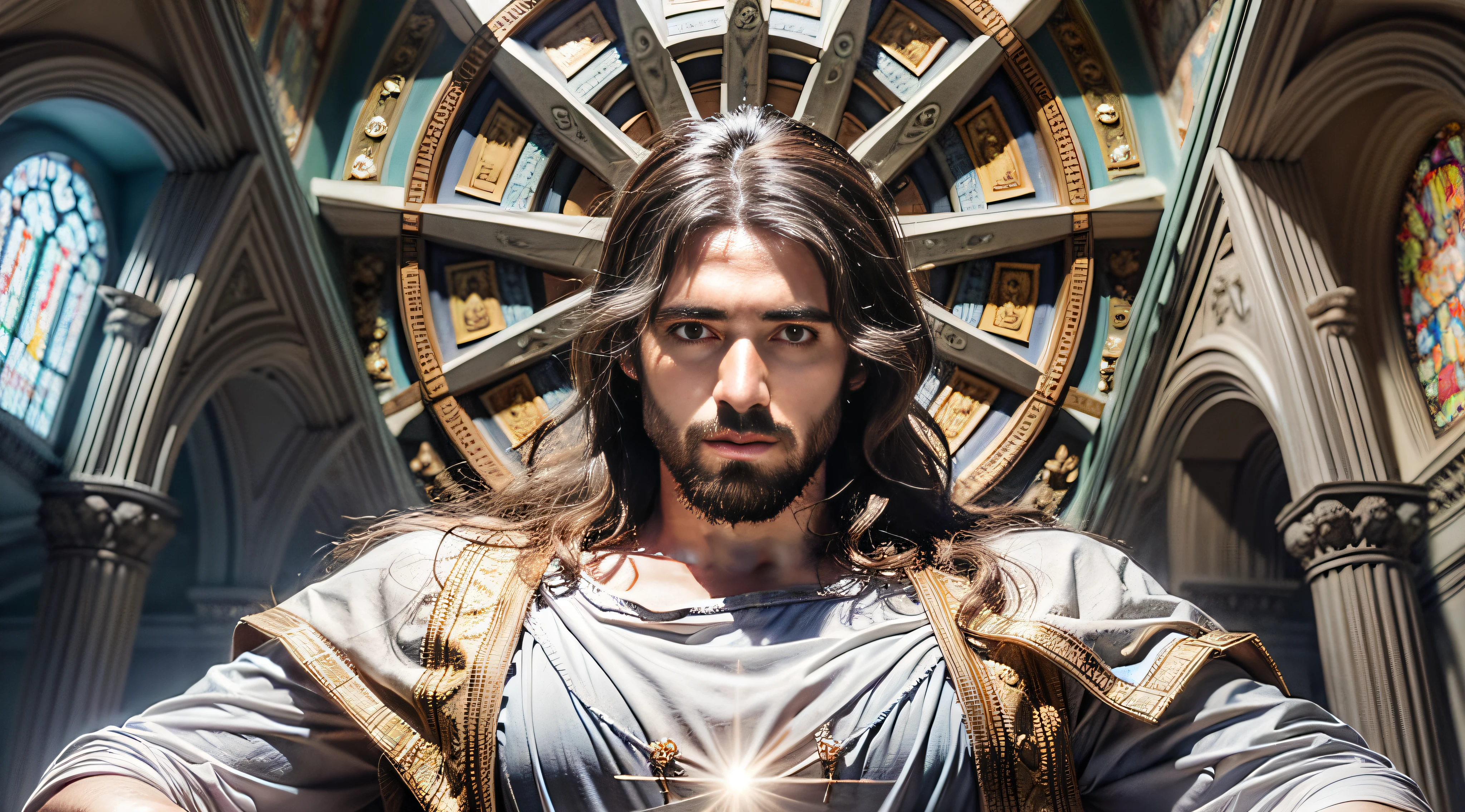 uma imagem de Jesus, imponente, olhar de piedade