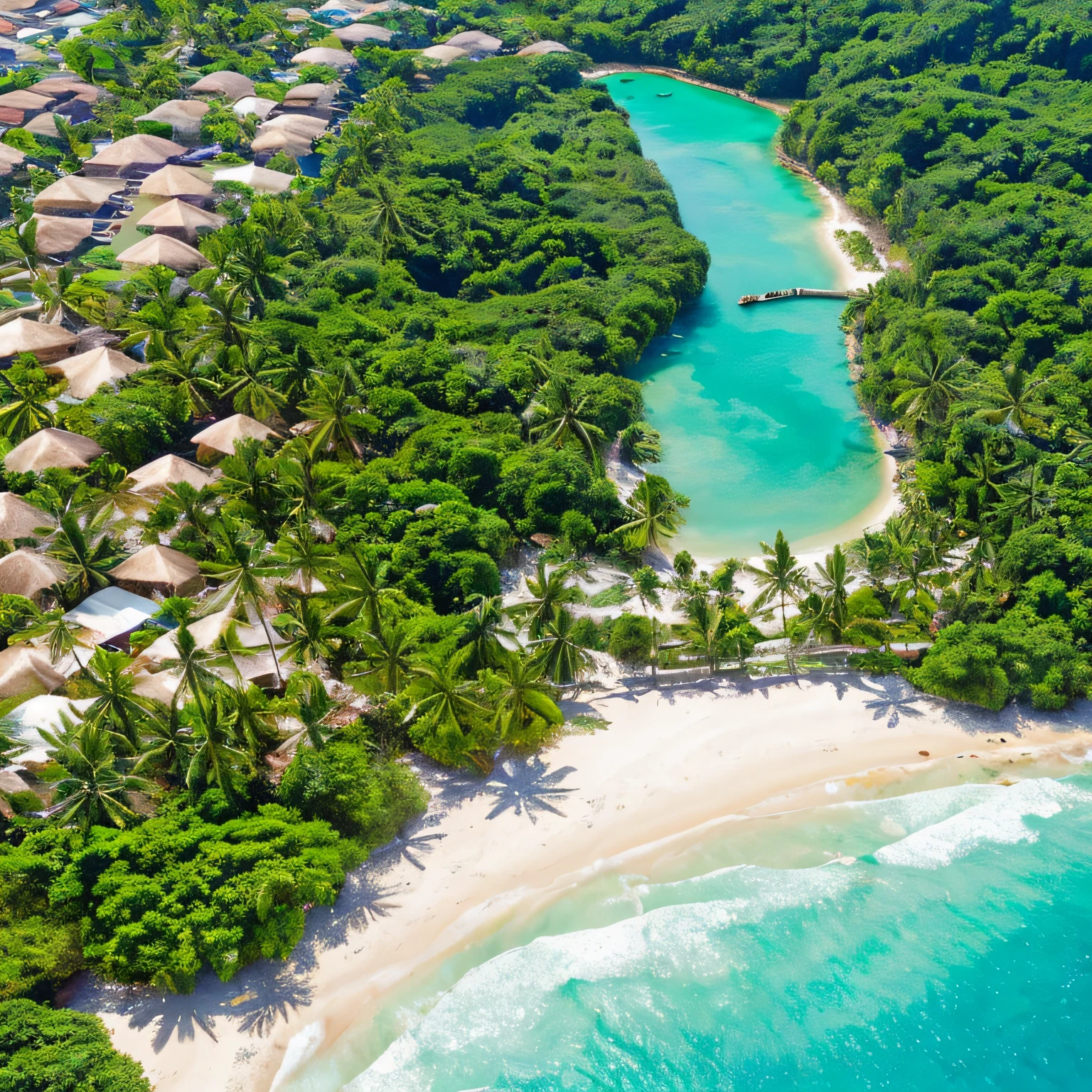 Paradisiacal summer seen from above, praia deslumbrante, coconut trees swaying in the wind, areia dourada, mar azul cristalino, sol radiante --auto