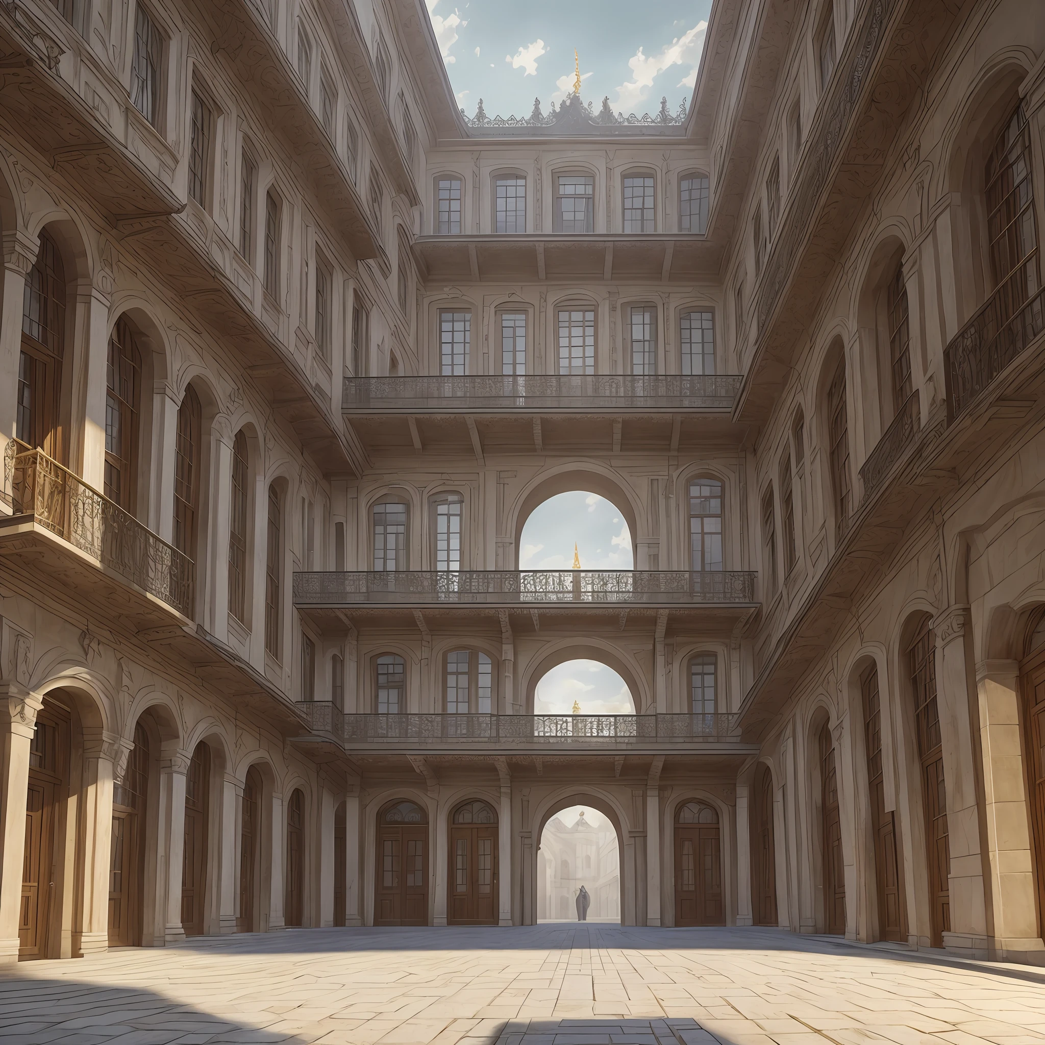 Royal European courtyard, buliding。Lots of weave details, rendering, Surrealism, Social realism, Hyperrealism, chiaroscuro, cinematic lighting, ray tracing, perspective, atmospheric perspective, first-person view, Surrealism, UHD, high details, high quality --auto