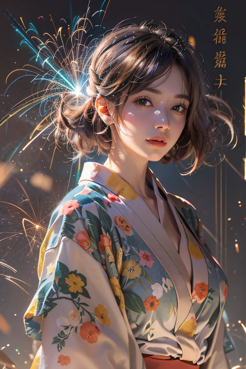 1girl in, surrealism, Cubist Futurism, pop-art, Verism, Motion Blur, spark of light, depth of fields, Backlighting, nffsw, Anatomically correct, Textured skin, awardwinning, 8K, masuter piece,1 girl in、10yaers old、cute little、Beautiful fece、(Thighs are raw)、geta、独奏、A detailed face、(A short yukata with visible legs)、(Beautiful see-through yukata)、delicate patterns、beautiful neck、A smile、no-bra、FULL BODYSHOT、sparklers、the complex background、Night Downtown、natta、(ighly detailed:1.2)、sparklers:1.3、(Night fun)、(Happiness)、(Bright atmosphere)、spark of light、glint、A lot of light grains、Laser beam、A detailed face、