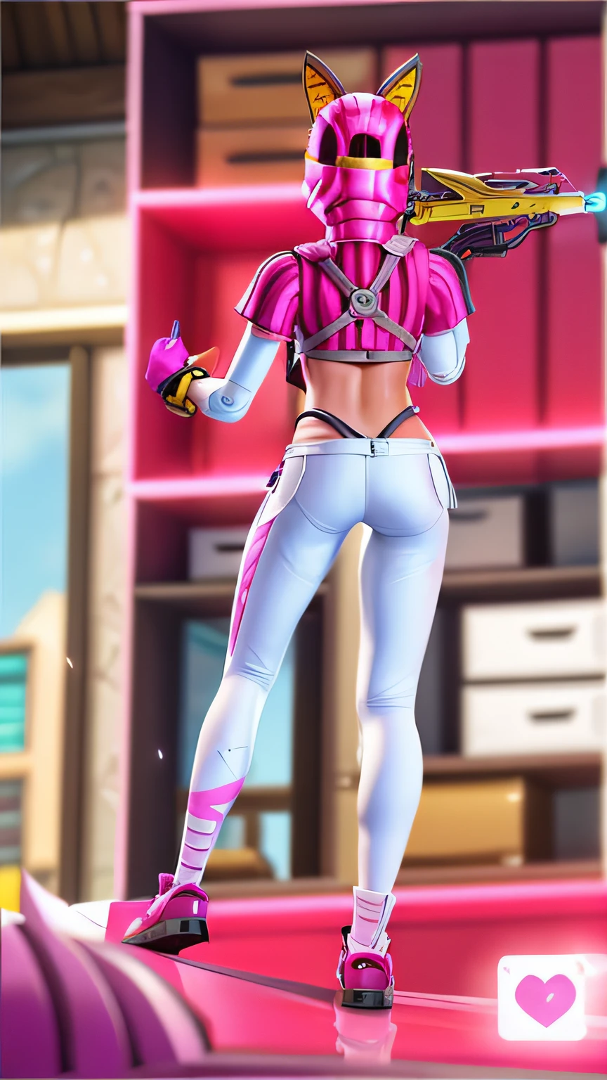 um close up de uma menina com uma calcinha  fio rosa  na coxa  segurando uma caixa de pizza , Personagem de Fortnite, armadura rosa lisa, pink iconic character, Pele rosa muito clara , como um personagem de fortnite, Skin de Fortnite, armadura rosa simplificada, roupa leeloo, pele bronzeada, armadura rosa fosco, corpo chiclete, fuchsia skin, Laserpunk Traje de corpo inteiro, pele fuschia lisa