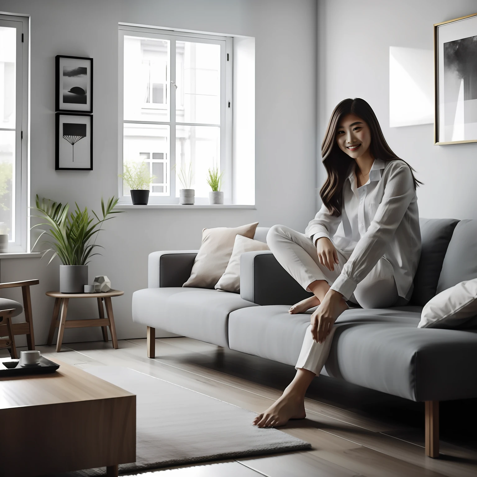 Light grit on female model jacket sitting on sofa in this room-Model change to linen shirt