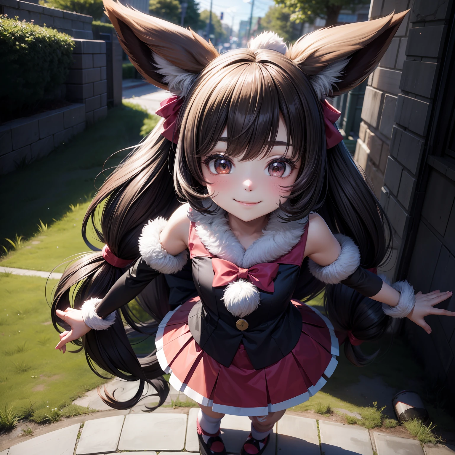 pokekid, eevee, fluffy girl, furry girl, female, smile, smiling, has a big pretty bow in her hair, has animal paws for hands, 1girl, best quality, outdoors, high definition, cute, cum, deep throat, stuck in wall --auto