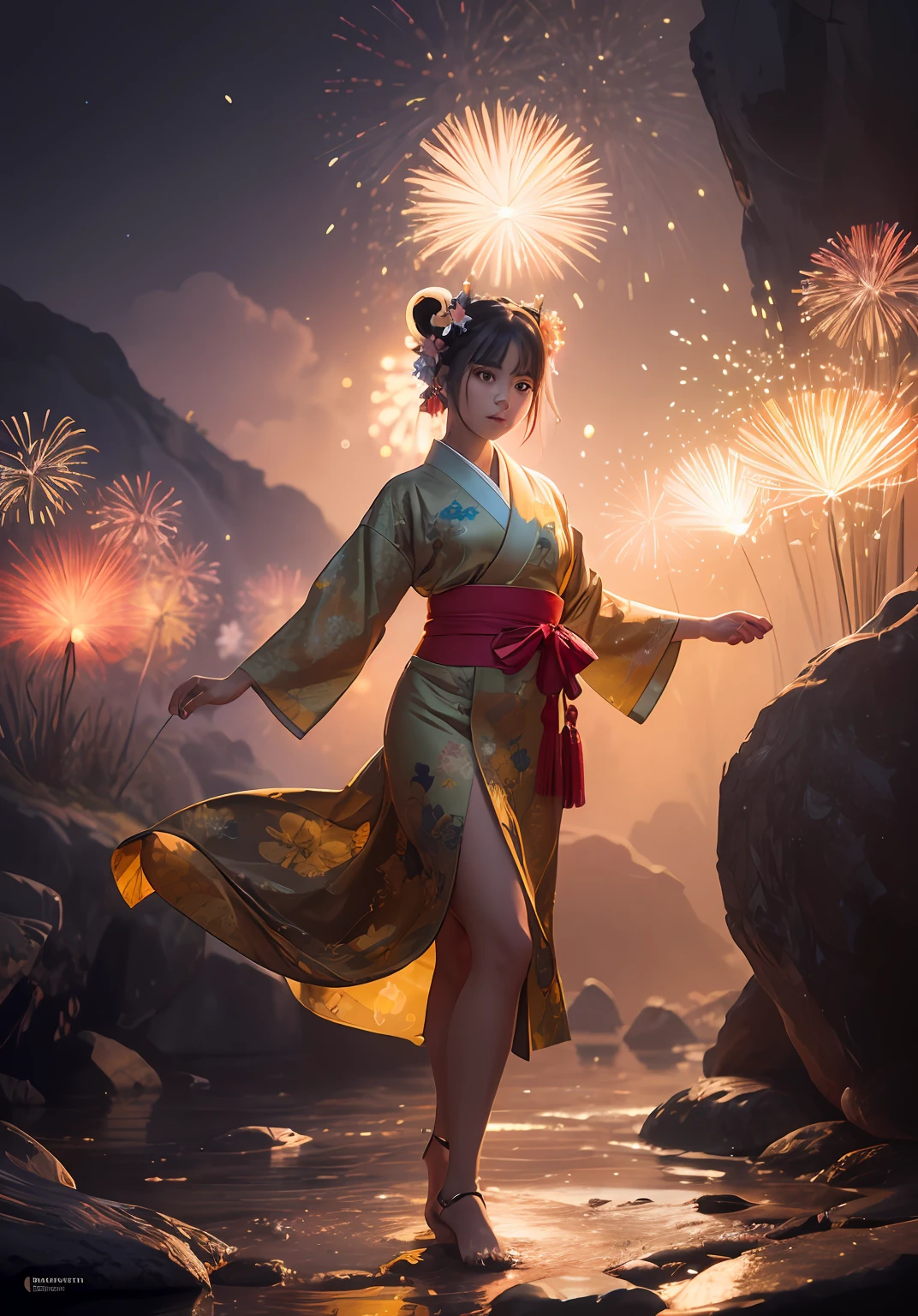 cute girl, kimono covers legs, red panda beautiful eyes wide opened, holding red panda, wearing silk kimono, glowing waterfall night background, ultra detailed artistic photography, long shot, full body, happy 19-year, woman tall garland floating above her head, bioluminescent mushroom multiple composite flowers, dynamic pose, multiple swirling mushroom flower-heads, beautiful flowing flower-head gown dress covering skin, butterflies, tiny starry lights like fireworks, 8k photorealistic sticker, flux, with starry eyes in blue and gold patterns with lilies, head and shoulders portrait, 8k resolution concept art portrait by Greg Rutkowski, Artgerm, WLOP, Alphonse Mucha, Giuseppe Arcimboldo, intricate details, highly detailed;, dynamic lighting hyperdetailed intricately detailed Splash art trending on Artstation triadic colors Unreal Engine 5 volumetric lighting, swirling colors paradise background photoshoot, large yellow and pink Hawaiian flowers, brightly colored, more yellow, sparkly. --auto