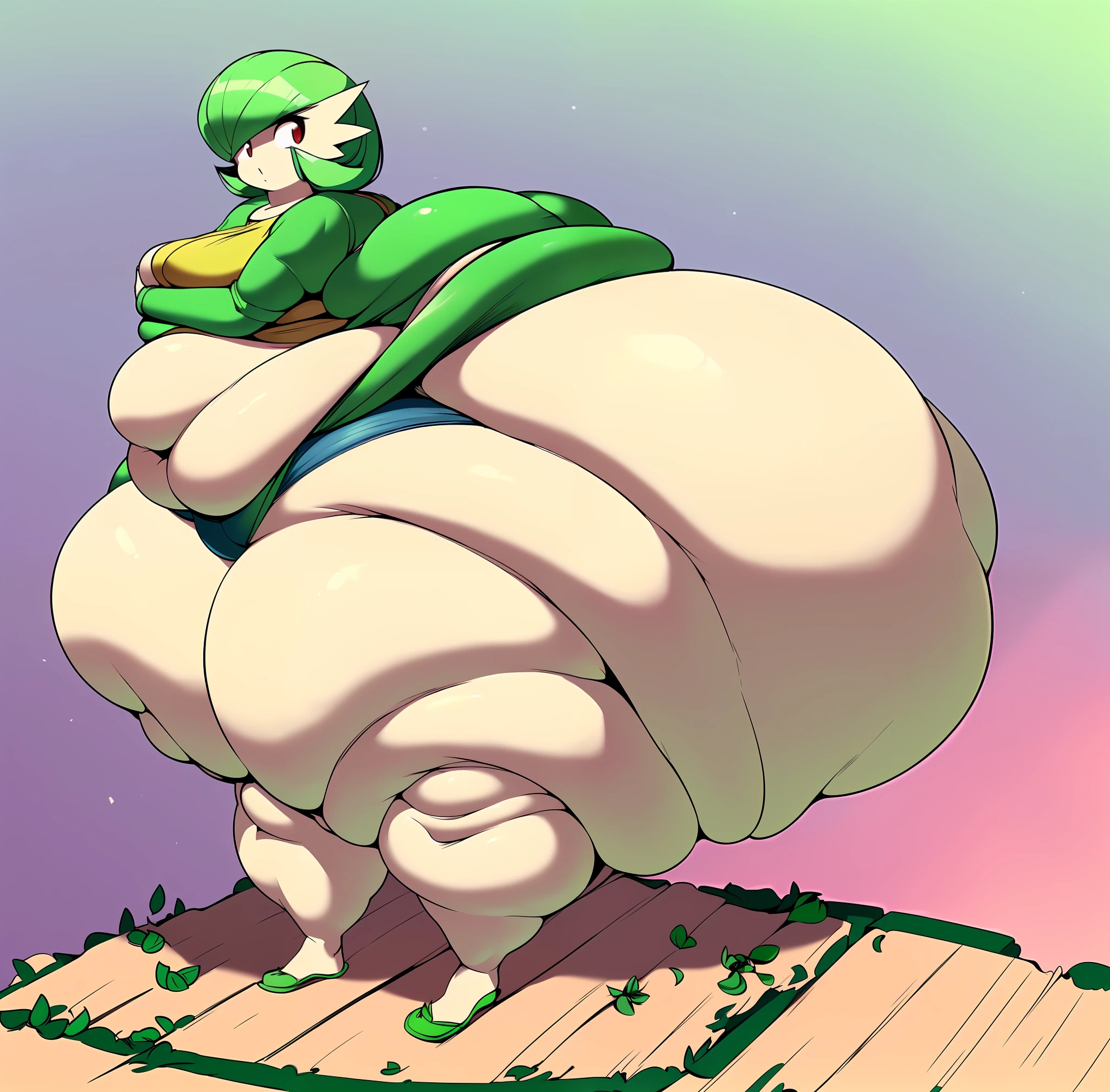 Anime Illustration of a Male Gardevoir, Gijinka, Male, Pale Skin , ((Sideswept bangs, Windswept Hair , Mint green hair:1.6)) , ((green Shorts , White Long Floor length Skirt)) , Femboy, Expression:((Cold ,stern, Confused)), ((Insanely fat and wide hips:1.5)), (( Giant fat Butt:1.4)), ((Huge, Flabby Thighs:1.7)),(( large fat Belly 1.8 )), ((Proportionally large arms and Legs), Plump ,((High quality, High aesthetic, masterpiece))