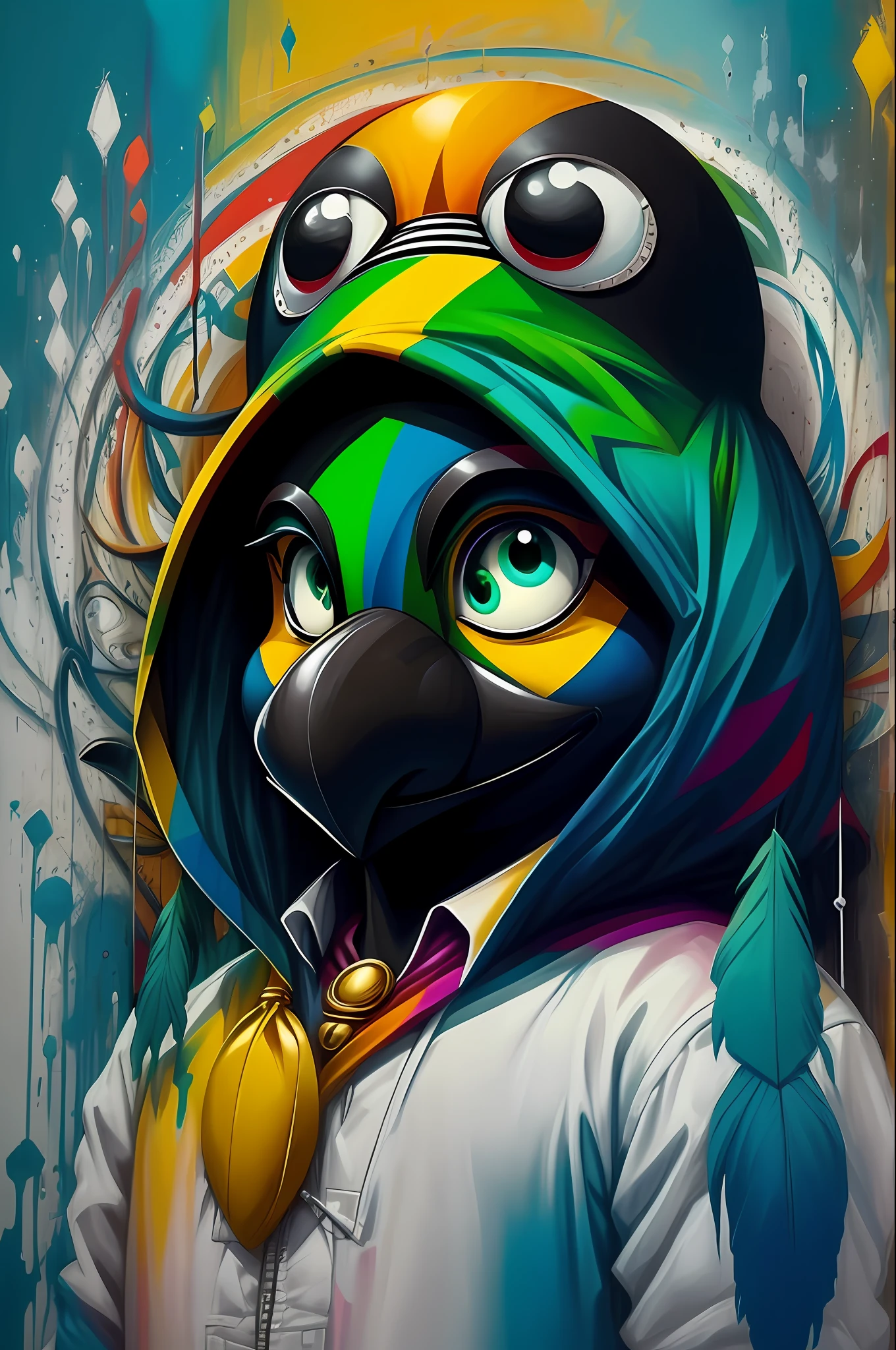 (Character Zé Carioca - Creator: Walt Disney Bird), stylized identical to 1942 |)), acolchoamento ,multidimensional geometric wall PORTRAIT, arte, Chibi, Yang016K, lindo,(( Predominant coloration ,verde,amarelo, branco)) Primary works, qualidade superior, melhor qualidade, Arte Oficial, Beautiful and Aesthetic,), Eduardo Kobra acolchoamento ,multidimensional geometric wall PORTRAIT, arte, Chibo,detalhes
