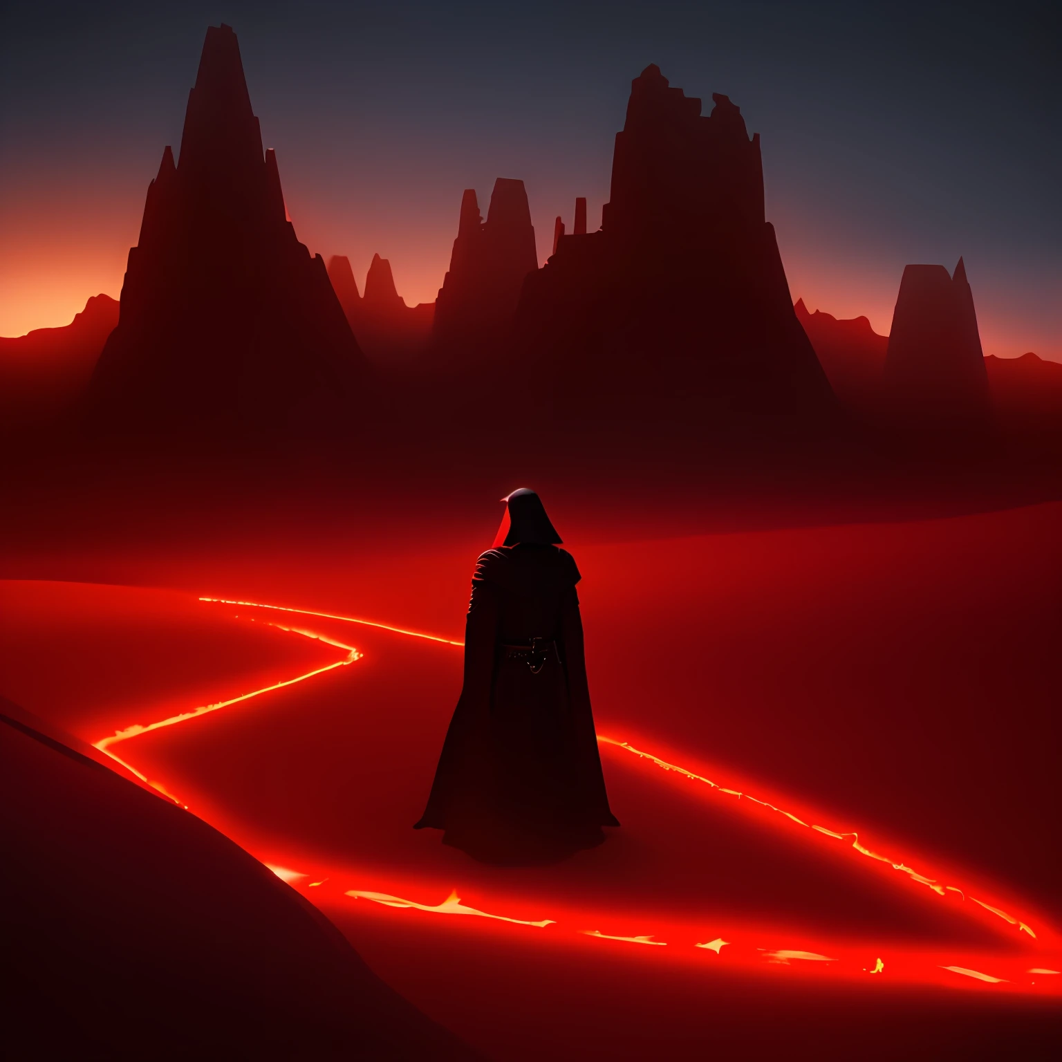 In the ancient world of Korriban, a Sith Lord stands tall amidst the hauntingly beautiful landscape of sand and ancient temples. Adorned in dark, flowing robes that billow in the desert wind, the Sith's presence exudes an air of sinister power. The crimson hue of the Sith's lightsaber glows with an ominous intensity, casting a haunting glow on the surrounding sandy terrain.
Korriban's temples rise like colossal sentinels, remnants of a forgotten era steeped in Sith history. The dark stone structures loom in the background, a testament to the Sith's connection to the ancient and powerful Sith Lords of old. The desert sands stretch endlessly, whispering the secrets of bygone civilizations and the dark rituals once performed in these sacred grounds.
The Sith Lord's eyes burn with a malevolent fire as the red lightsaber dances in the air, a deadly extension of the Sith's will. The swirling sand at the Sith's feet adds an element of mystique, creating an ethereal ambiance that heightens the sense of raw power and ancient knowledge.
In this striking artwork, the Sith from Korriban embodies the embodiment of the dark side of the Force, standing amidst the temples and sands that hold the echoes of Sith lore and legacy. The vivid contrast of the red lightsaber against the desert landscape serves as a captivating reminder of the Sith's relentless pursuit of power and dominance, an iconic figure in a world steeped in dark history and unfathomable secrets.
