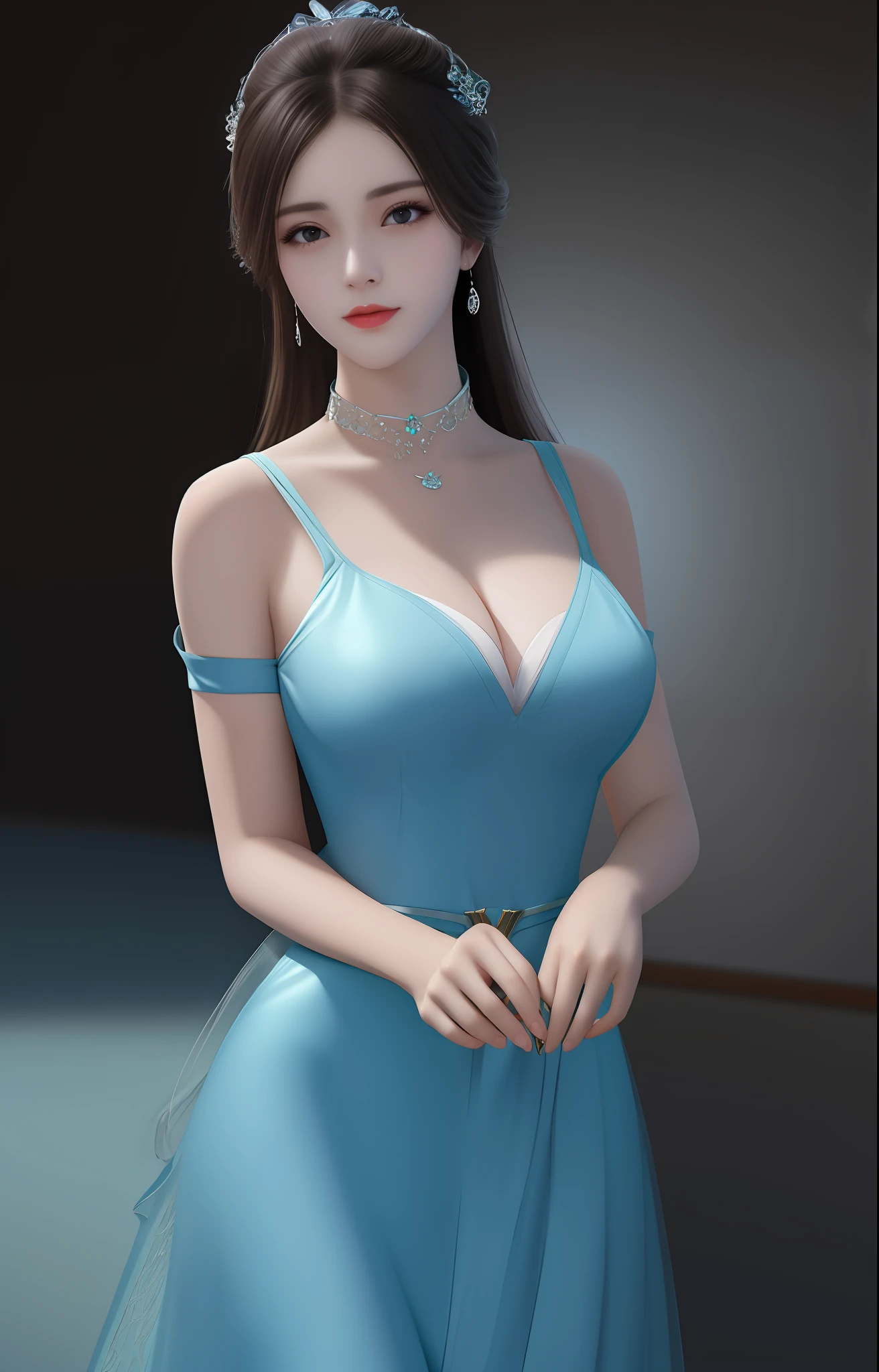 rosto magro,Slim,Lori huge breasts cleavage,Best quality、tmasterpiece、A high resolution、1girll、Porcelain dress、hair adornments、choker necklace、jewely、pretty face、Physically、Tyndall effect、realisticlying、Shadow Studio、edge lit、bicolor lighting、(highdetailskin:1.2)、8K, Ultra HD、Digital SLR、softlighting、high high quality、volumettic light、sneak shot、photore、A high resolution、4K、8K、The background is blurred out,Full body photo,Jade foot,