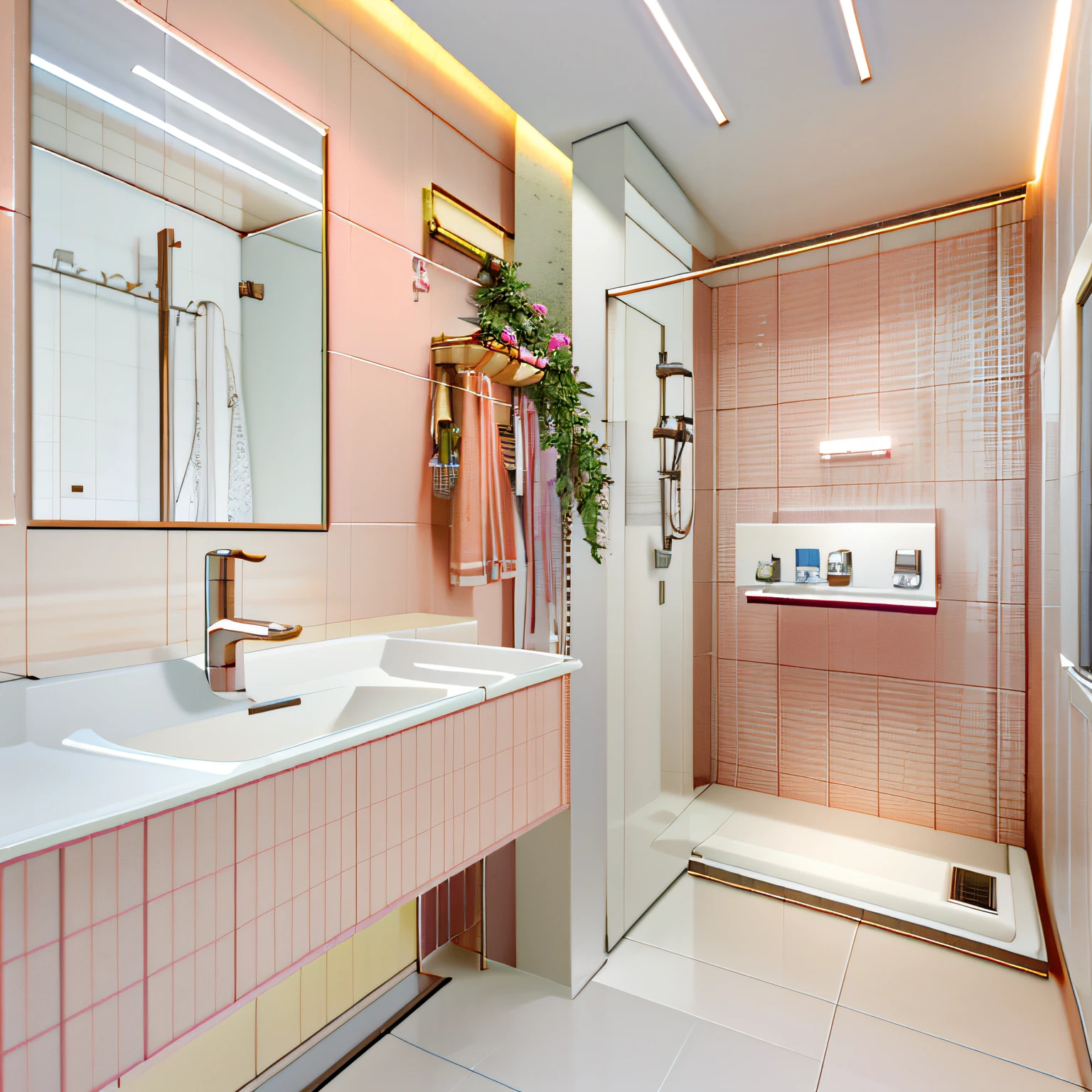 There is a bathroom with a ROSA sink, toilet PINK, e chuveiro ROSA, realista estilo 3d, excellent 3d render, banheiro ROSA, estilo hiper realista, 3 d render hiper realista, unreal 5 motor highlly renderizar, hyper realistic render, renderizado no Unreal Engine 5, hyper realistic 3d rendering, renderizado no Unreal Engine 6, hyper realistic detailed rendering, hyperrealistic rendering, BARBIE, ROSA, TORNOEIRA ROSA, BANCA MEIO ROSA, --auto