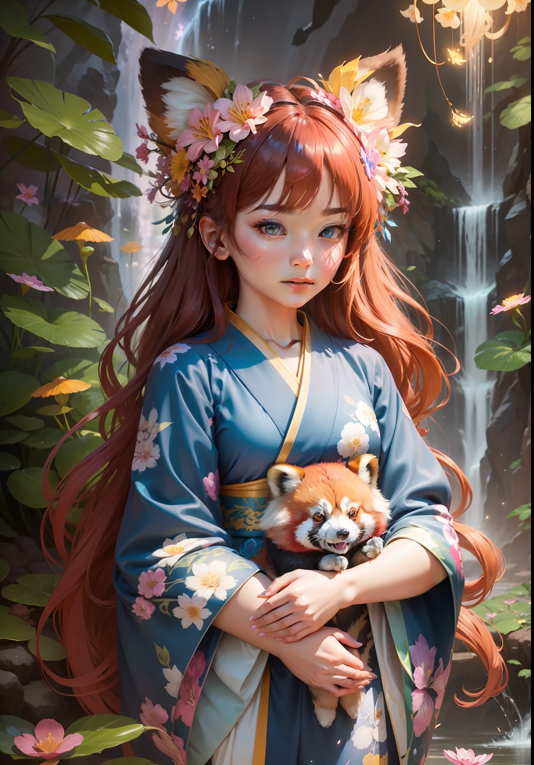 cute girl, kimono covers legs, red panda beautiful eyes wide opened, holding red panda, wearing silk kimono, glowing waterfall night background, ultra detailed artistic photography, long shot, full body, happy 19-year, woman tall garland floating above her head, bioluminescent mushroom multiple composite flowers, dynamic pose, multiple swirling mushroom flower-heads, beautiful flowing flower-head gown dress covering skin, butterflies, tiny starry lights like fireworks, 8k photorealistic sticker, flux, with starry eyes in blue and gold patterns with lilies, head and shoulders portrait, 8k resolution concept art portrait by Greg Rutkowski, Artgerm, WLOP, Alphonse Mucha, Giuseppe Arcimboldo, intricate details, highly detailed;, dynamic lighting hyperdetailed intricately detailed Splash art trending on Artstation triadic colors Unreal Engine 5 volumetric lighting, swirling colors paradise background photoshoot, large yellow and pink Hawaiian flowers, brightly colored, more yellow, sparkly. --auto