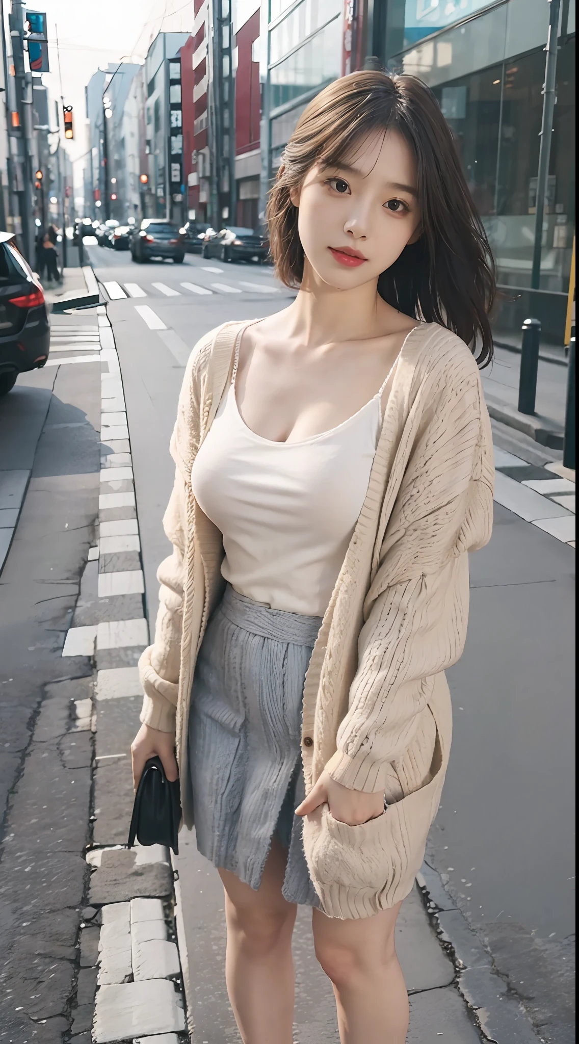 ((Full_body_shot:1.6)), (from below:0.9), (An extremely delicate and beautiful work), ((masterpiece)), (best quality), glamor body, a one woman, 20 age, (Knit_cardigan:1.4), (cleavage:1), (Midi_skirt:1.3), (Tokyo_street_background:1.4), ((sexually aroused face:1.4)), high nose bridge, shoulder cut hair,(fair skin:1.2), (soft saturation:1.3), (low contrast), bright lighting, natural lighting, realistic lighting, lovely lips, ultra-fine painting, delicate face, delicate figure, (depth of field:1.2), style, ultra detailed, (realistic, photo_realistic:1.4), physically-based rendering, ((soft:1.3)), perfect white balance, professional color graded, 8k, Raw photo, Leica M10, F2.4, 35mm, color photo, product photography.
