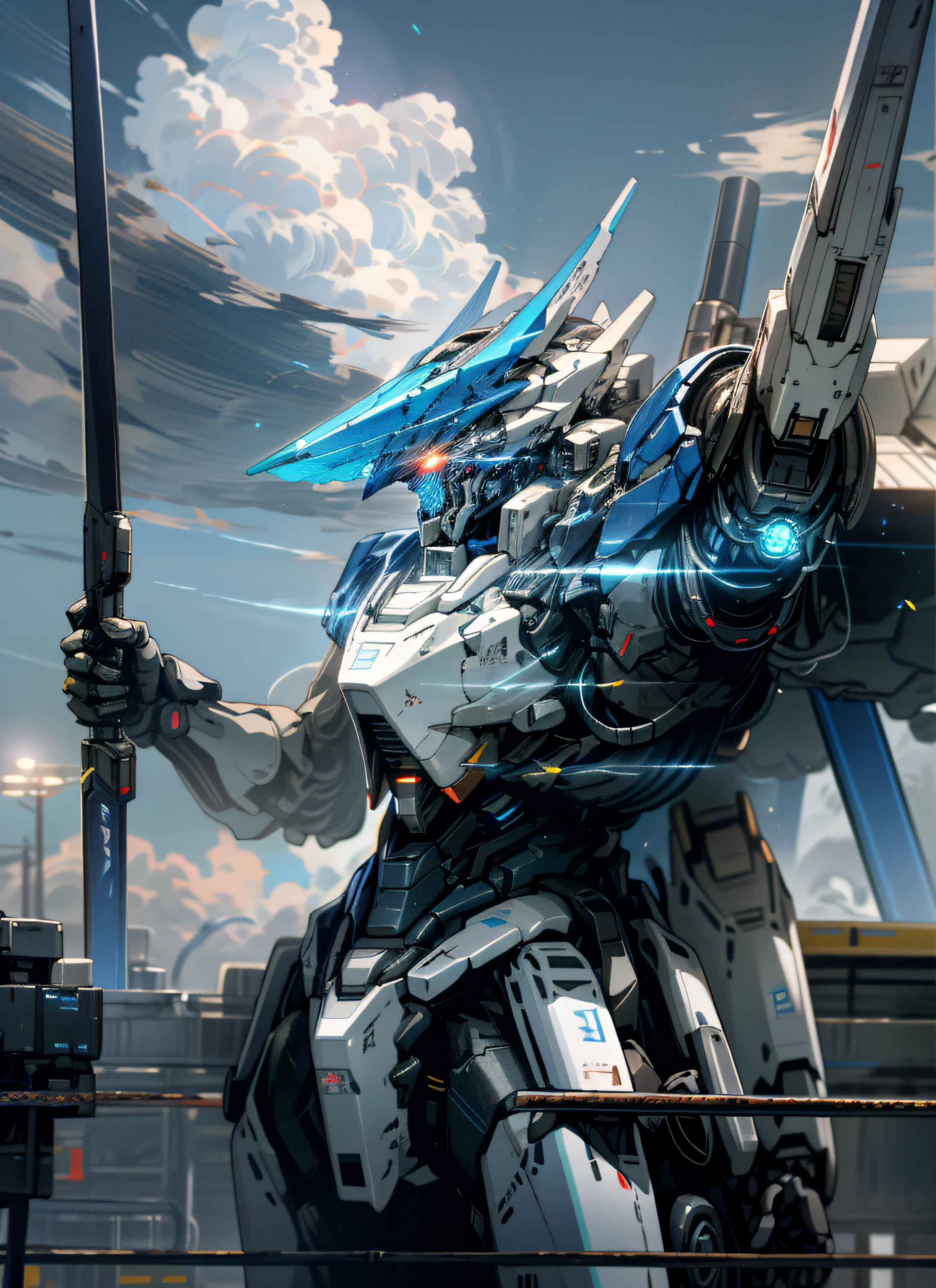 Skysky,clouds,holding_weapon,no_humans,with light glowing,blue colors,brightly colored,droid,buliding,glowing_eyes,mecha,scientific fiction,城市,Realistis,mecha,8K