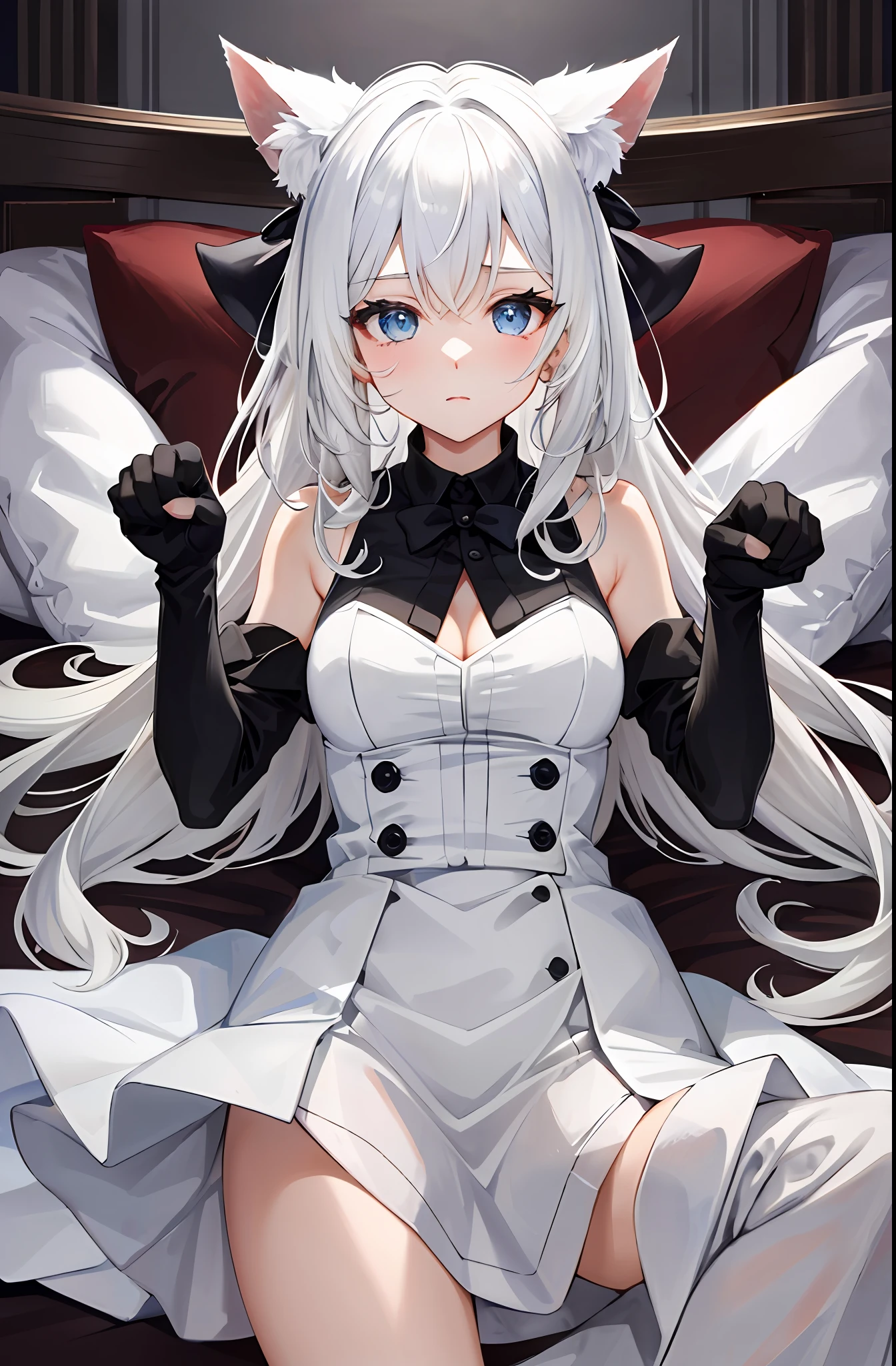 Lazy wind，wide blue eyes，White hair，Dull hair，Beast-eared maiden，White tones，sitted，1girll，Solo，adolable，white dresses，Big hazy eyes，Facial details are exquisite，Beth，onbed，Impeccable，Cute pose，Plush cat's paw gloves