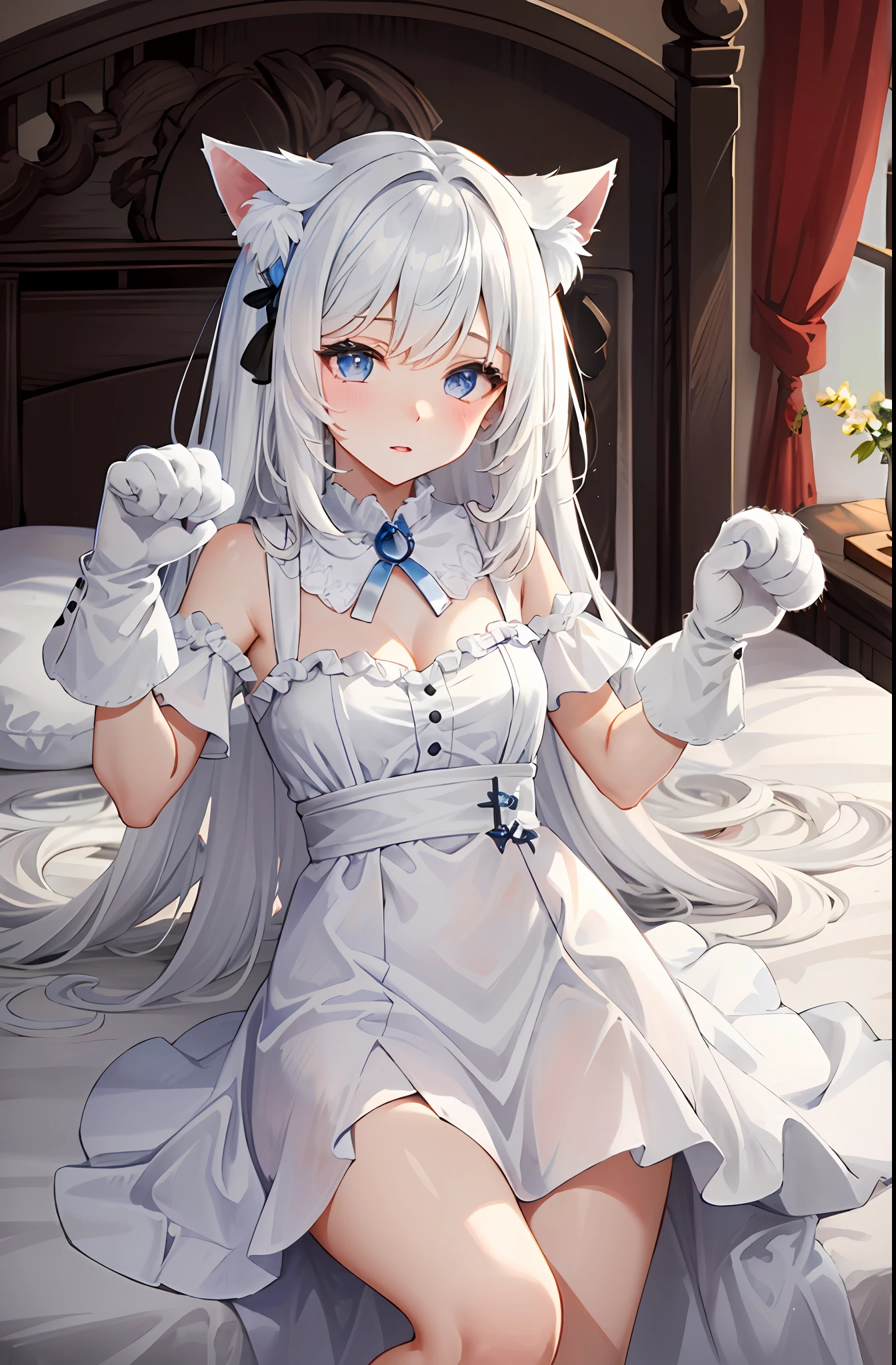 Lazy wind，wide blue eyes，White hair，Dull hair，Beast-eared maiden，White tones，sitted，1girll，Solo，adolable，white dresses，Big hazy eyes，Facial details are exquisite，Beth，onbed，Impeccable，Cute pose，Plush cat's paw gloves