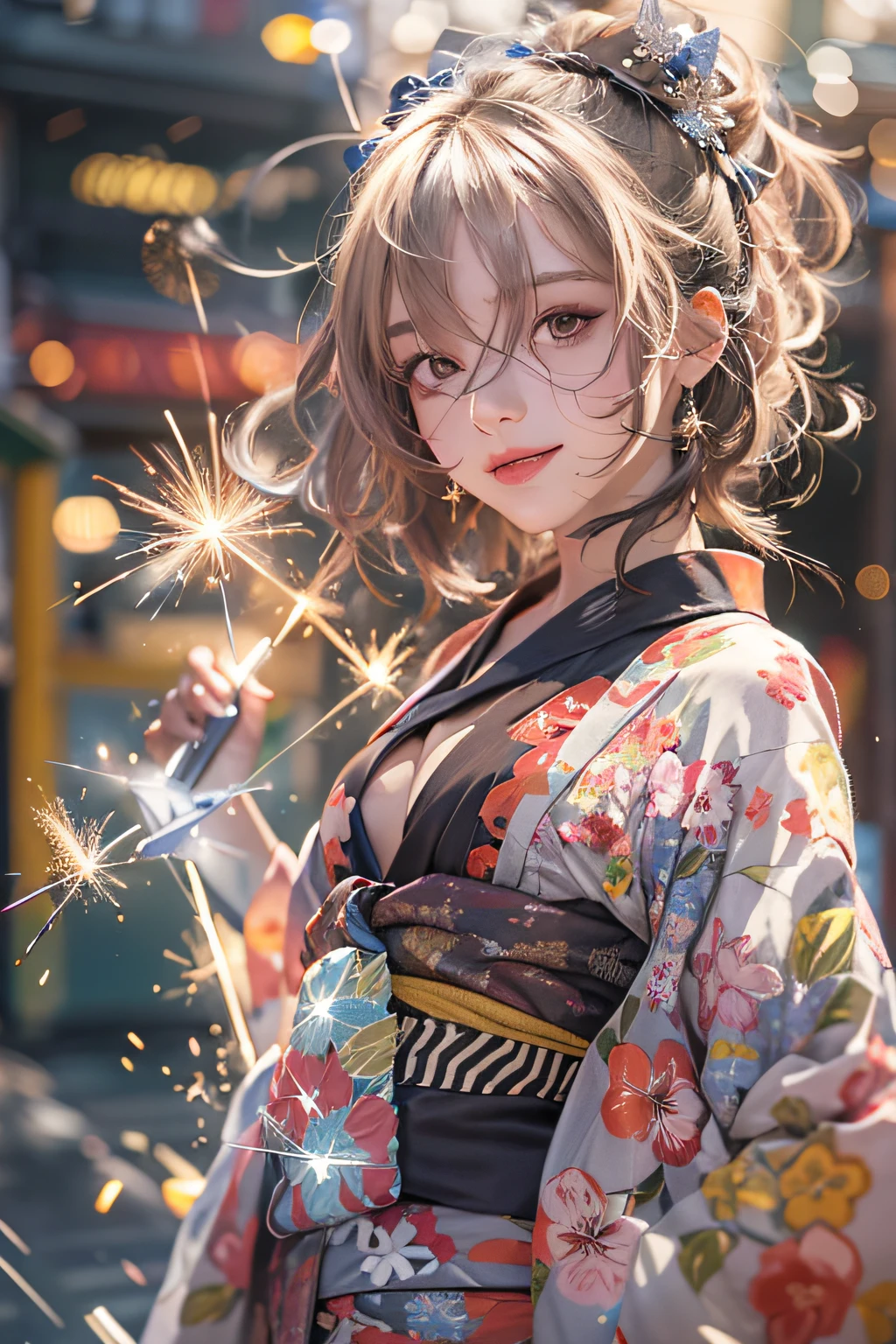 1girl in, surrealism, Cubist Futurism, pop-art, Verism, Motion Blur, spark of light, depth of fields, Backlighting, nffsw, Anatomically correct, Textured skin, awardwinning, 8K, masuter piece,1 girl in、独奏、A detailed face、(Beautiful see-through yukata)、(A short yukata with visible thighs)、delicate patterns、beautiful neck、A smile、no-bra、Cowboy Shot、sparklers、the complex background、Night Downtown、natta、(ighly detailed:1.2)、sparklers:1.3、Night fun、Happiness、Bright atmosphere、spark of light、discharge、Laser beam、A detailed face、