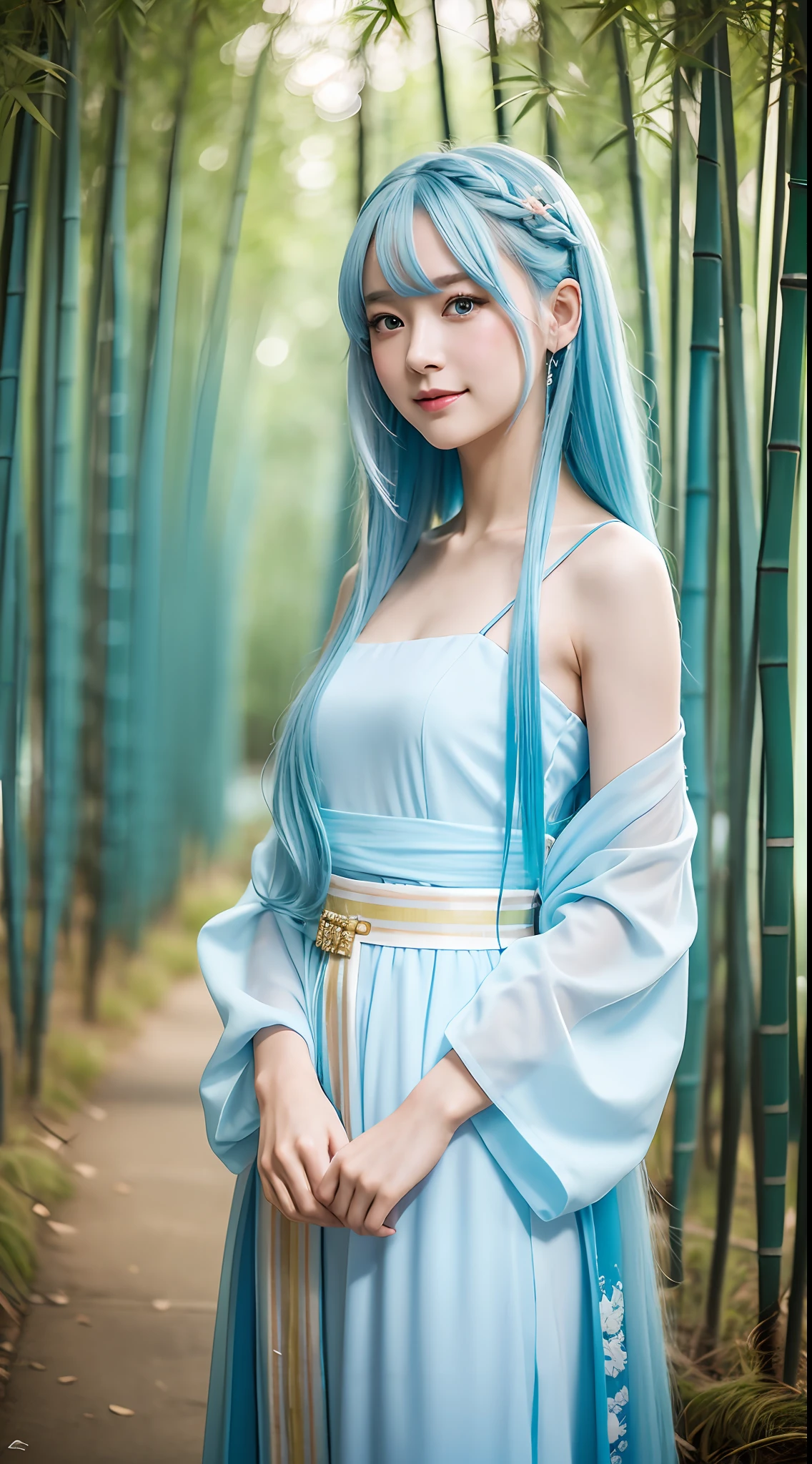 Masterpiece, best quality, official art, 8k wallpaper, highly detailed, illustration, 1 girl, sky blue hair, long hair, detailed eyes, Forrest Gump, bare shoulders, hanfu, lake, pure, soft smile, bamboo, tea