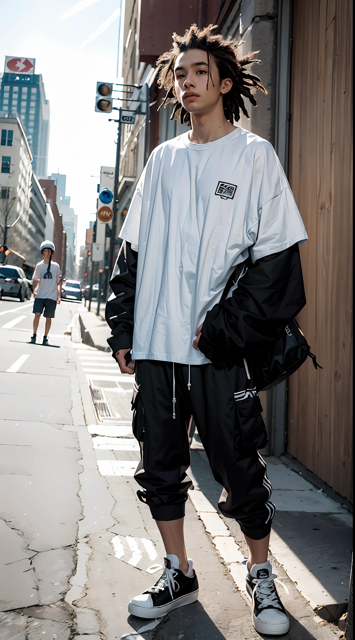 A background of a muleque without a boat with realistic body and face features in a downtown background with a skateboarder style, in baggy clothes wearing a white baggy off-white T-shirt and a baggy cargo pants with loose and short dreads and a white high-top sneaker